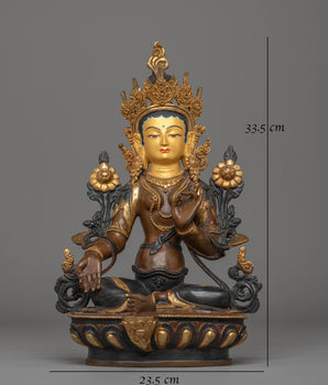 Green Tara Copper Handmade Statue | 24K Gold Plated Tibetan Goddess Art