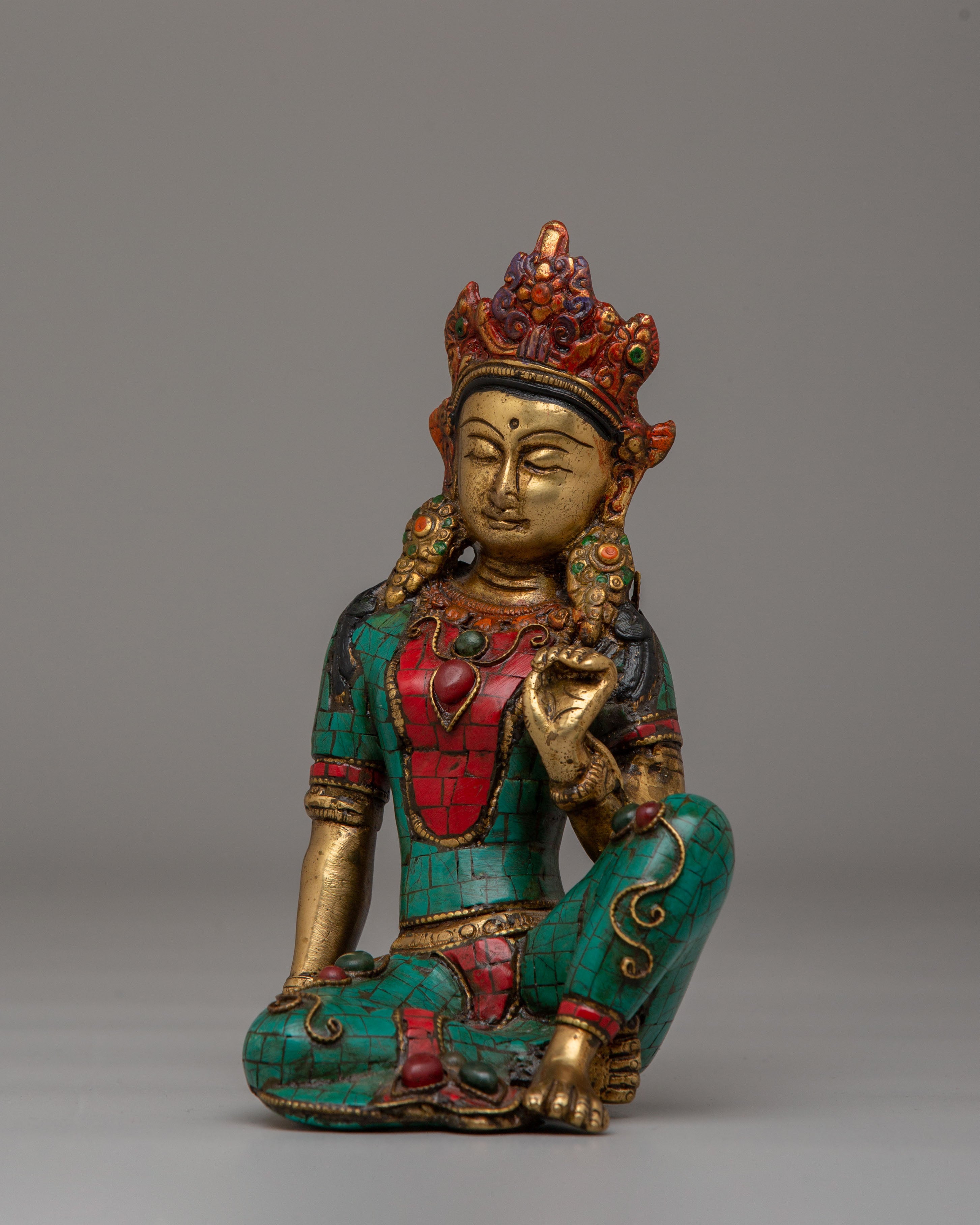 Traditional Tara Deity Statue | Green Tara Goddess Sculpture with Turquoise
