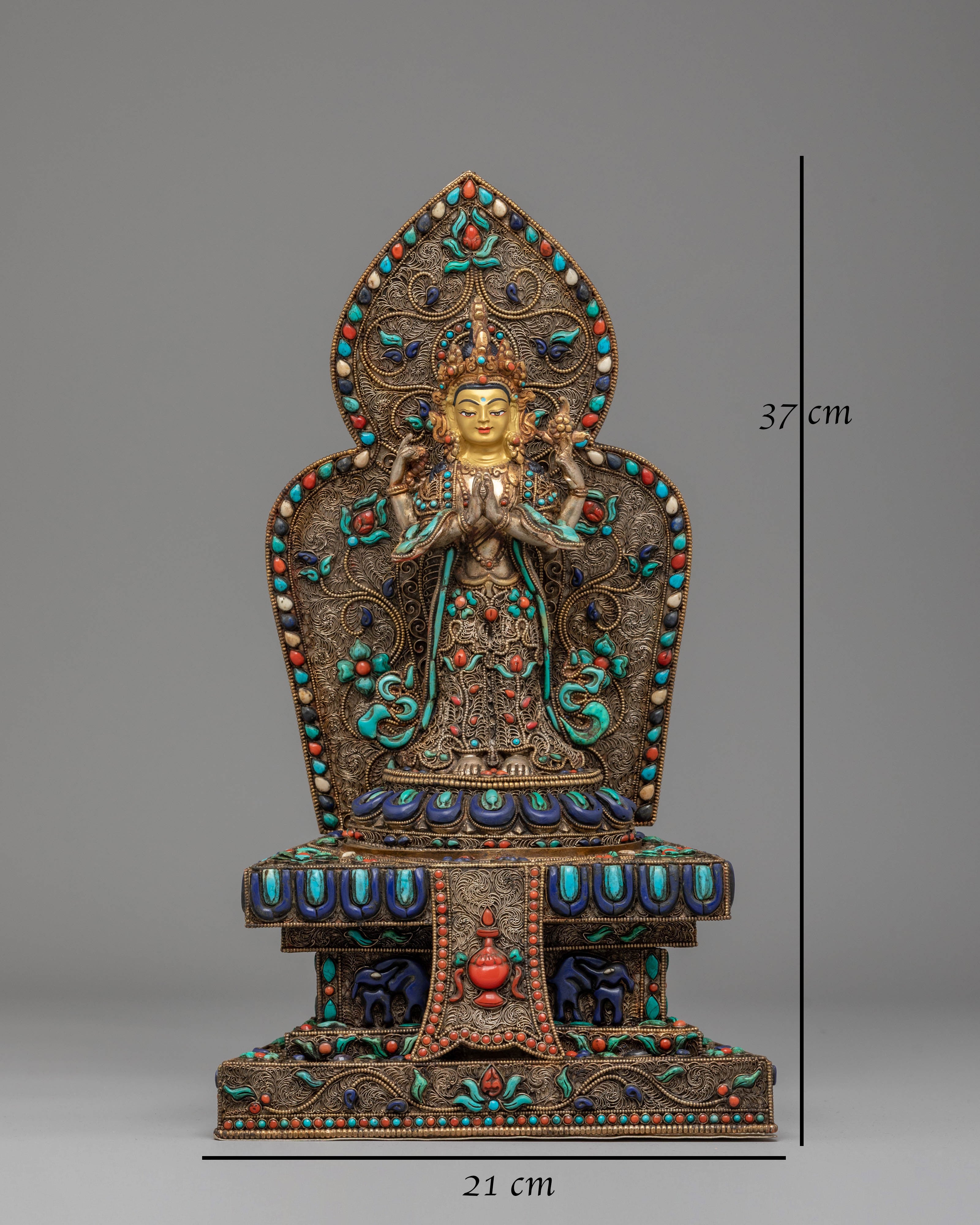 Divine Bodhisattva Standing Chenrezig Statue | Copper & Silver Plated Art