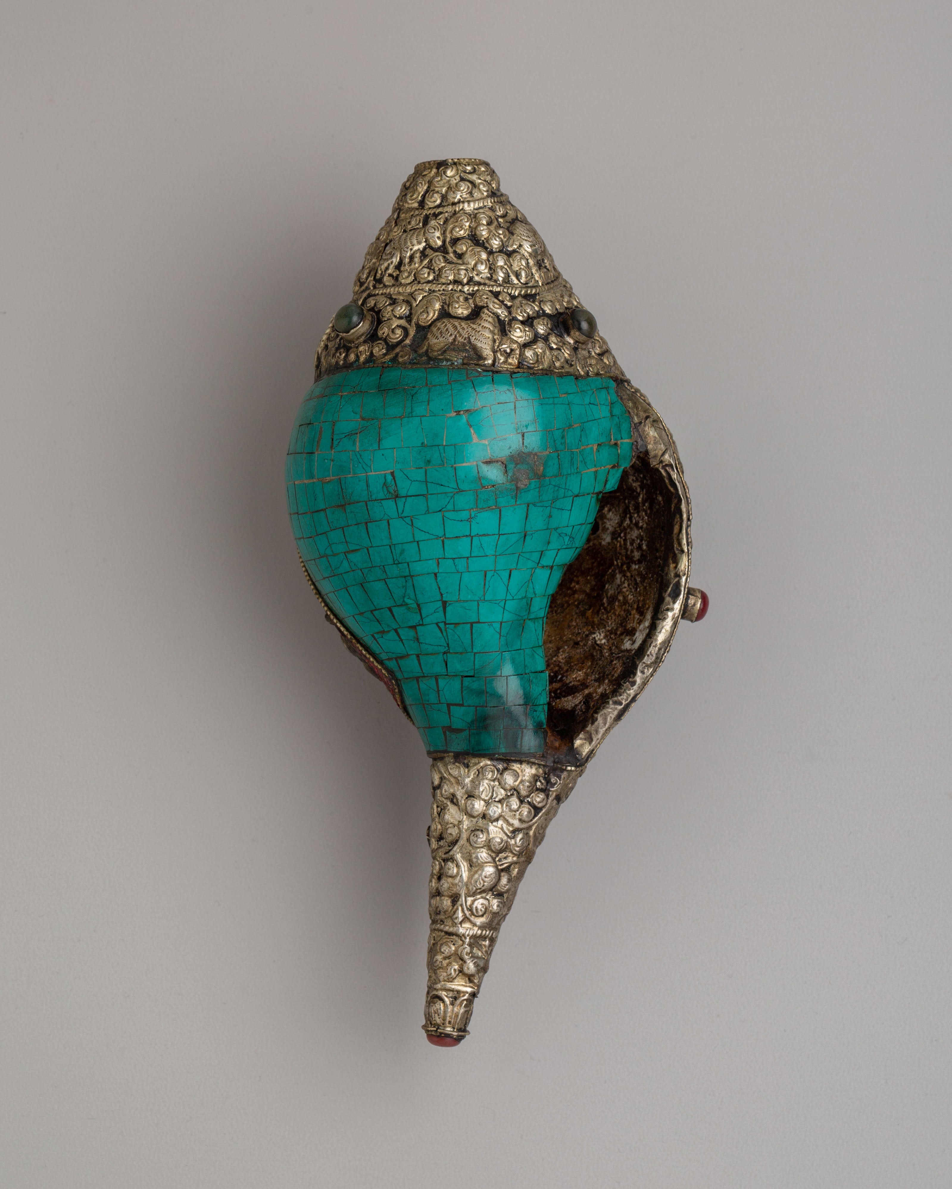 Handmade Tibetan Conch | Gemstone & Coral Inlay