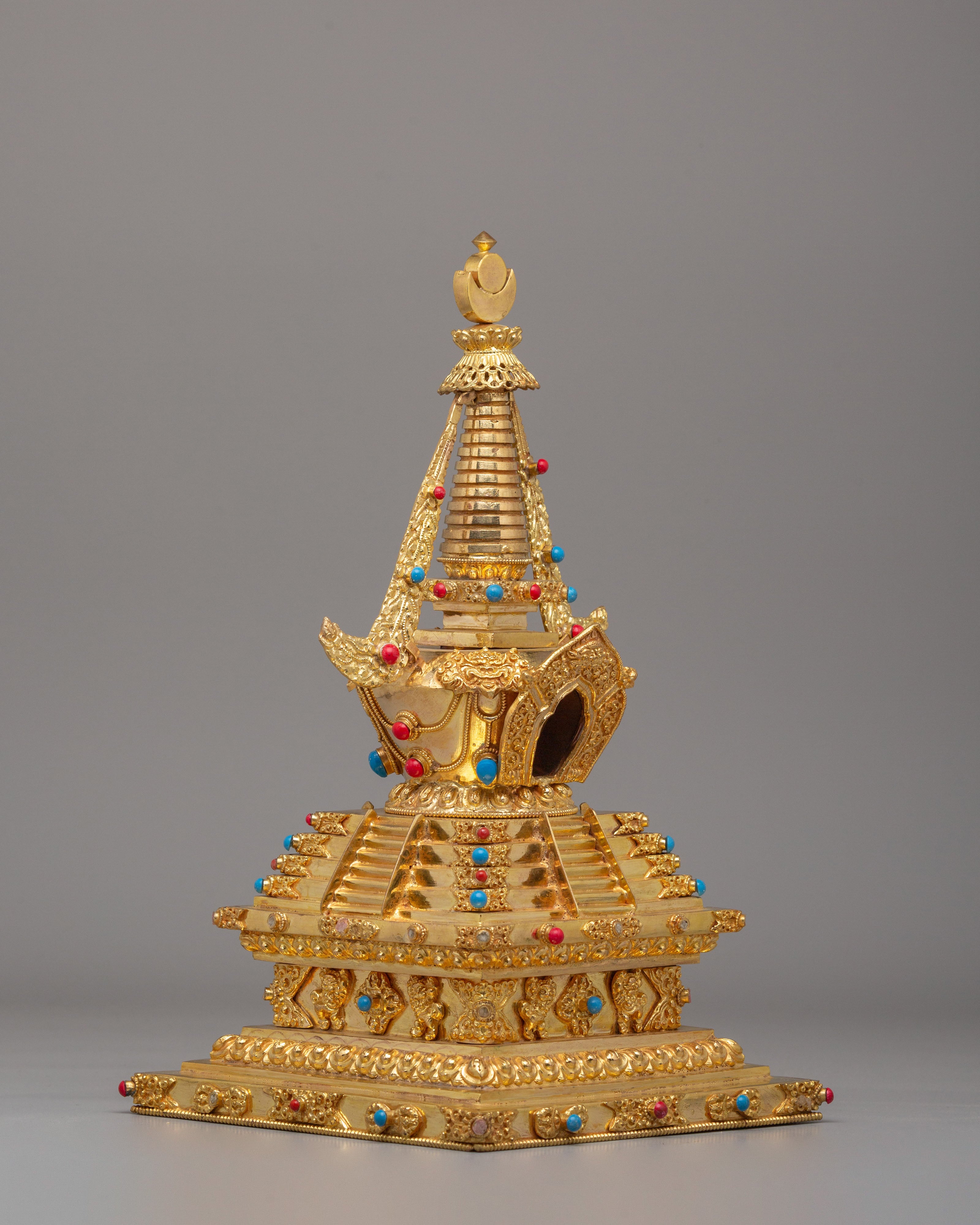 Traditional Descent From Heaven Stupa | 22K Gold Copper Tibetan Stupa