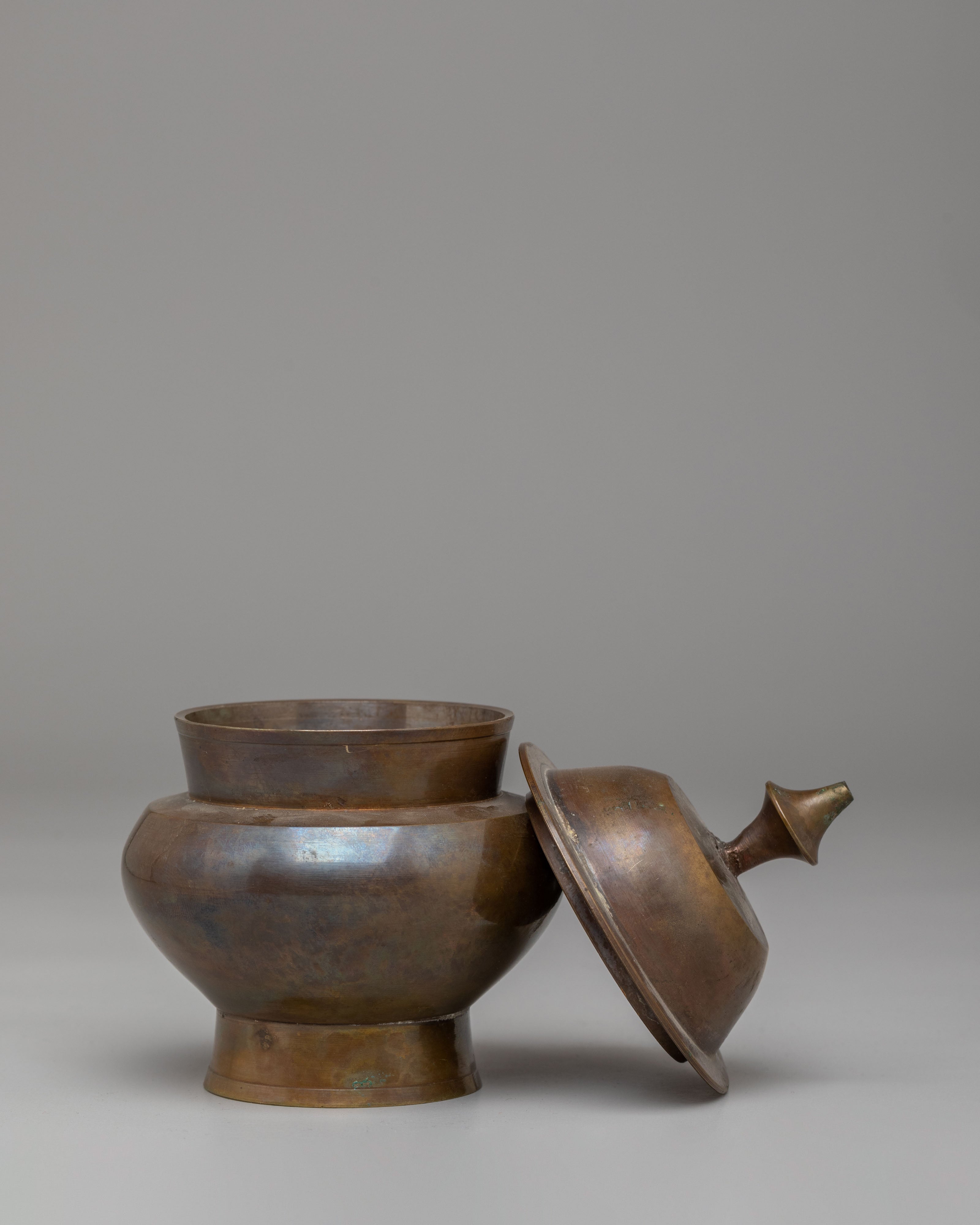 Buddhist Offering Altar Rice Pot | Oxidized Brass Ritual Vessel