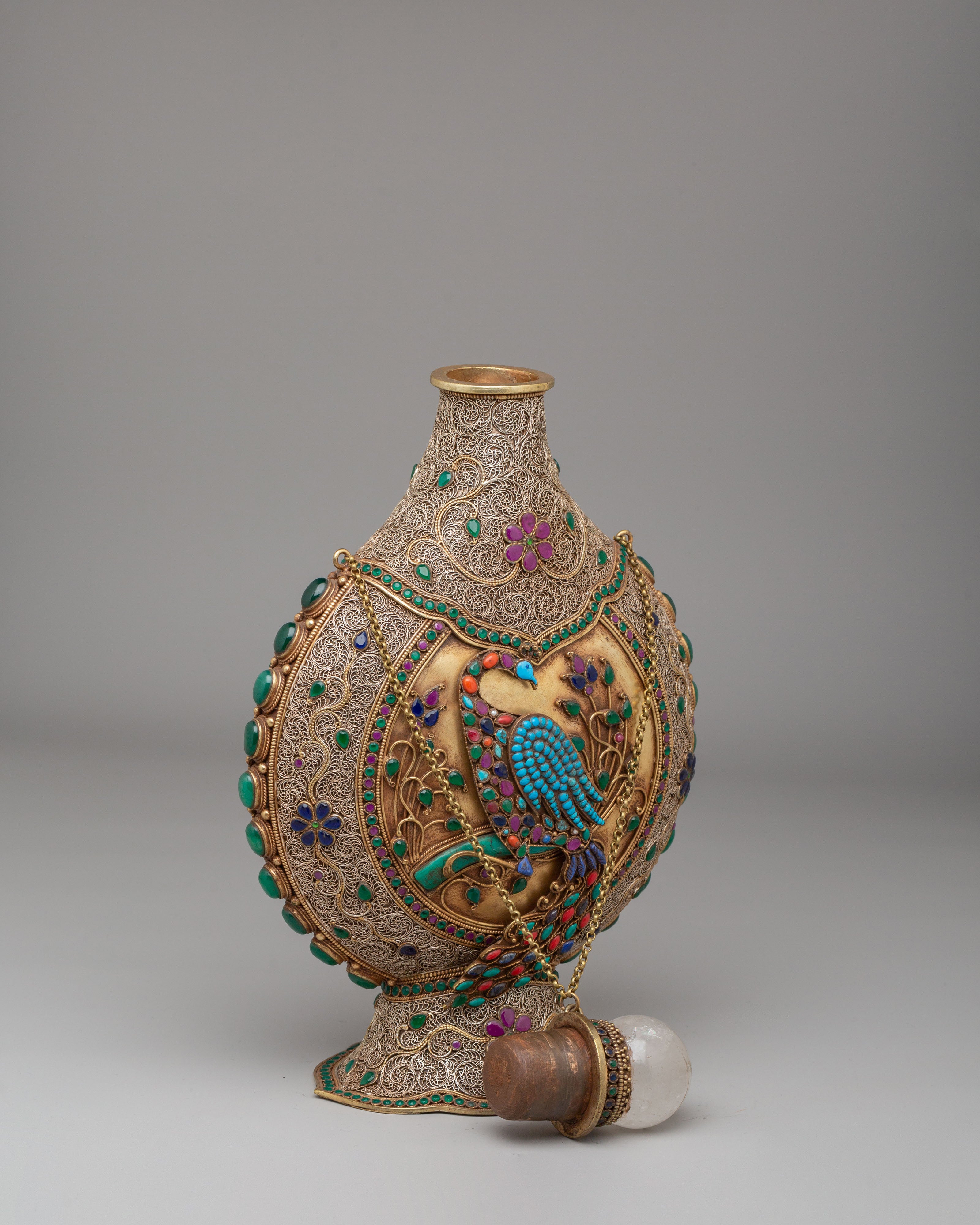 Ornate Snuffpot with Peacock and Floral Motif | Spiritual Home Decor