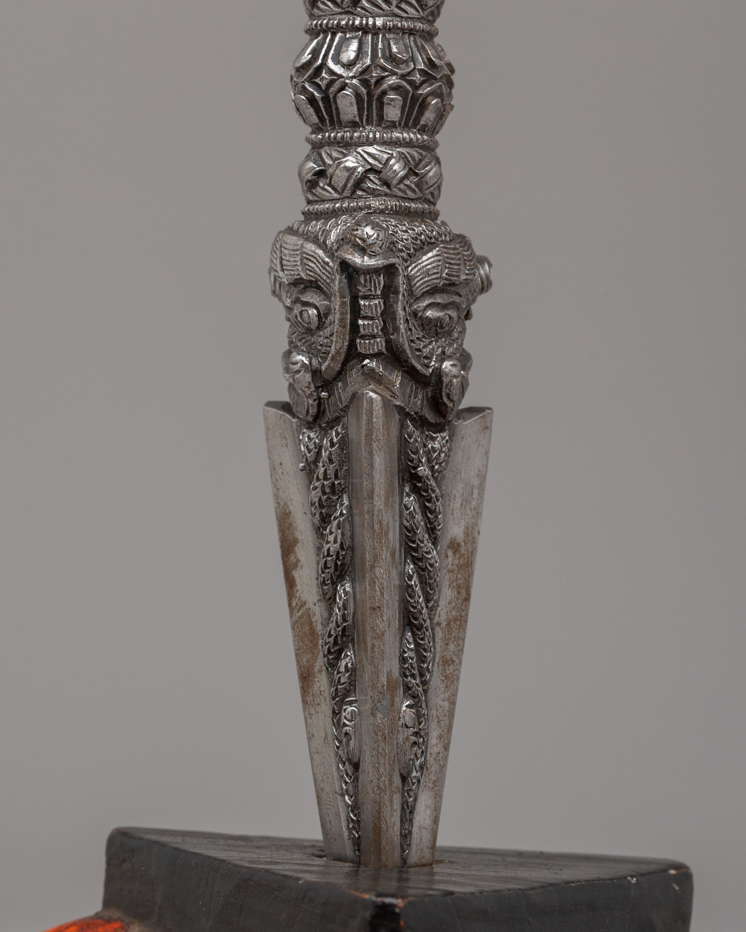 Handmade Tibetan Ritual Dagger | Hayagriva Altar Tool with Wooden Base for Meditation