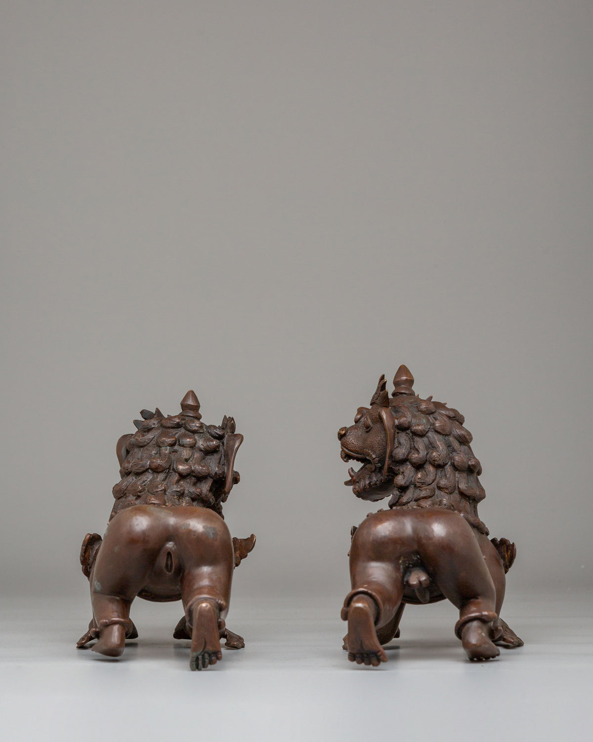 Guardian Lion Set Sculpture | Oxidized Copper Buddhist Protector Statues
