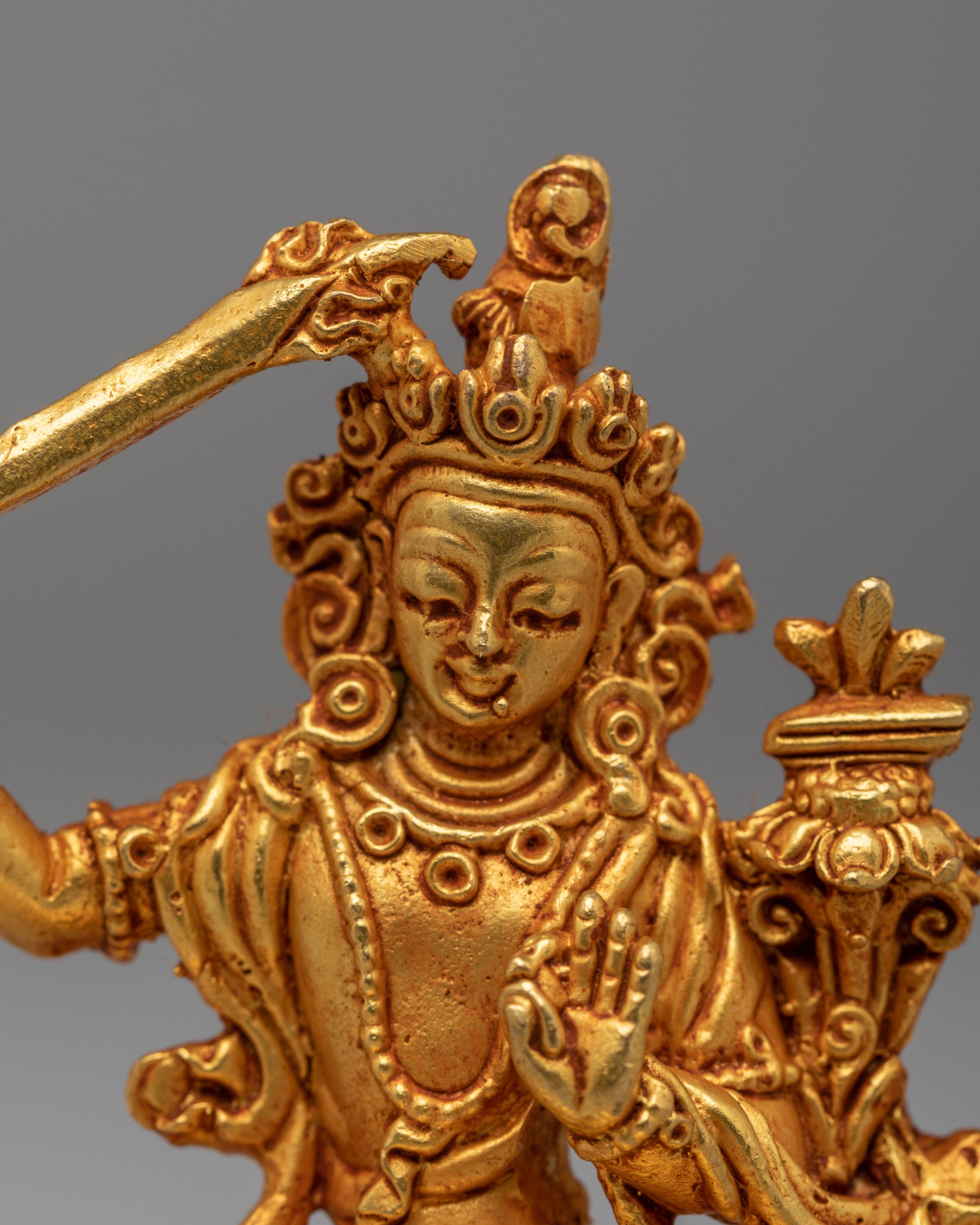 Himalayan Manjushri Statue | Gold Plated Copper Buddhist Wisdom Deity