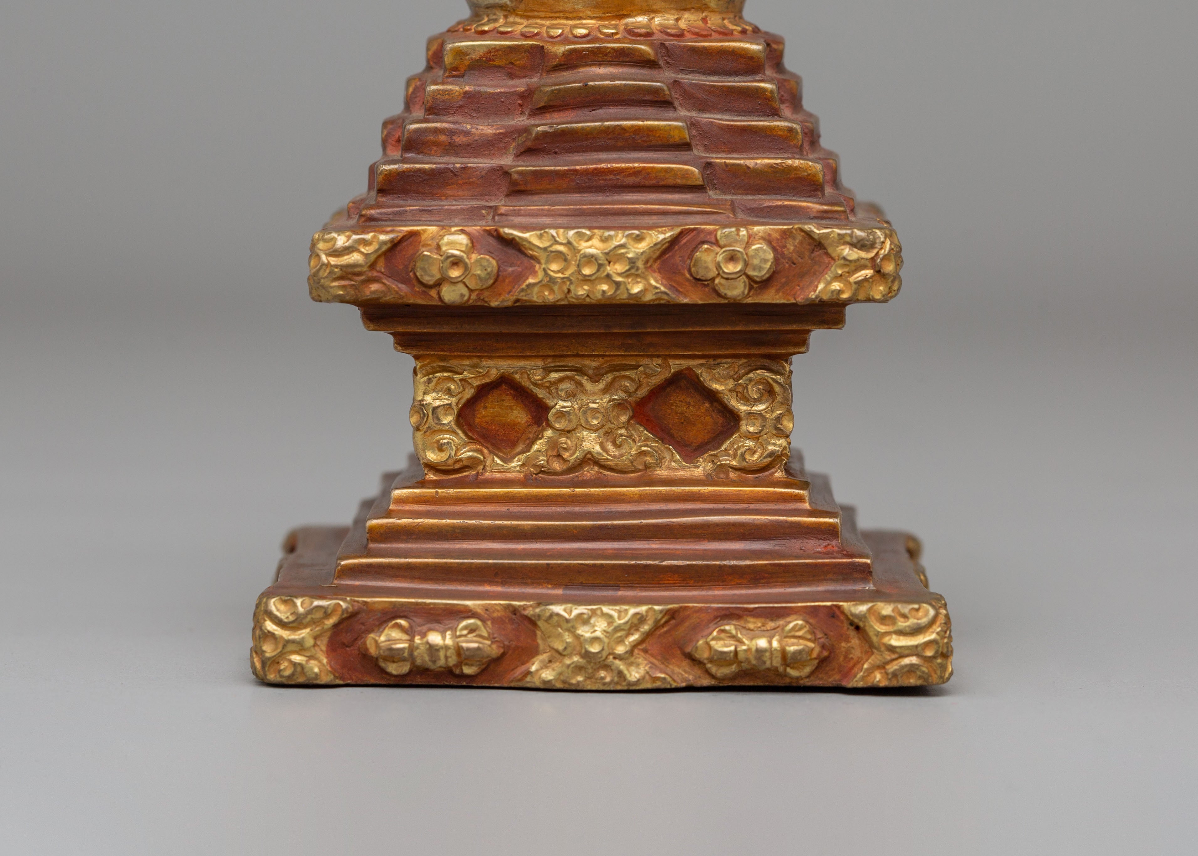 Handmade Descent from Heaven Stupa | Gold Plated Tibetan Stupa for Meditation