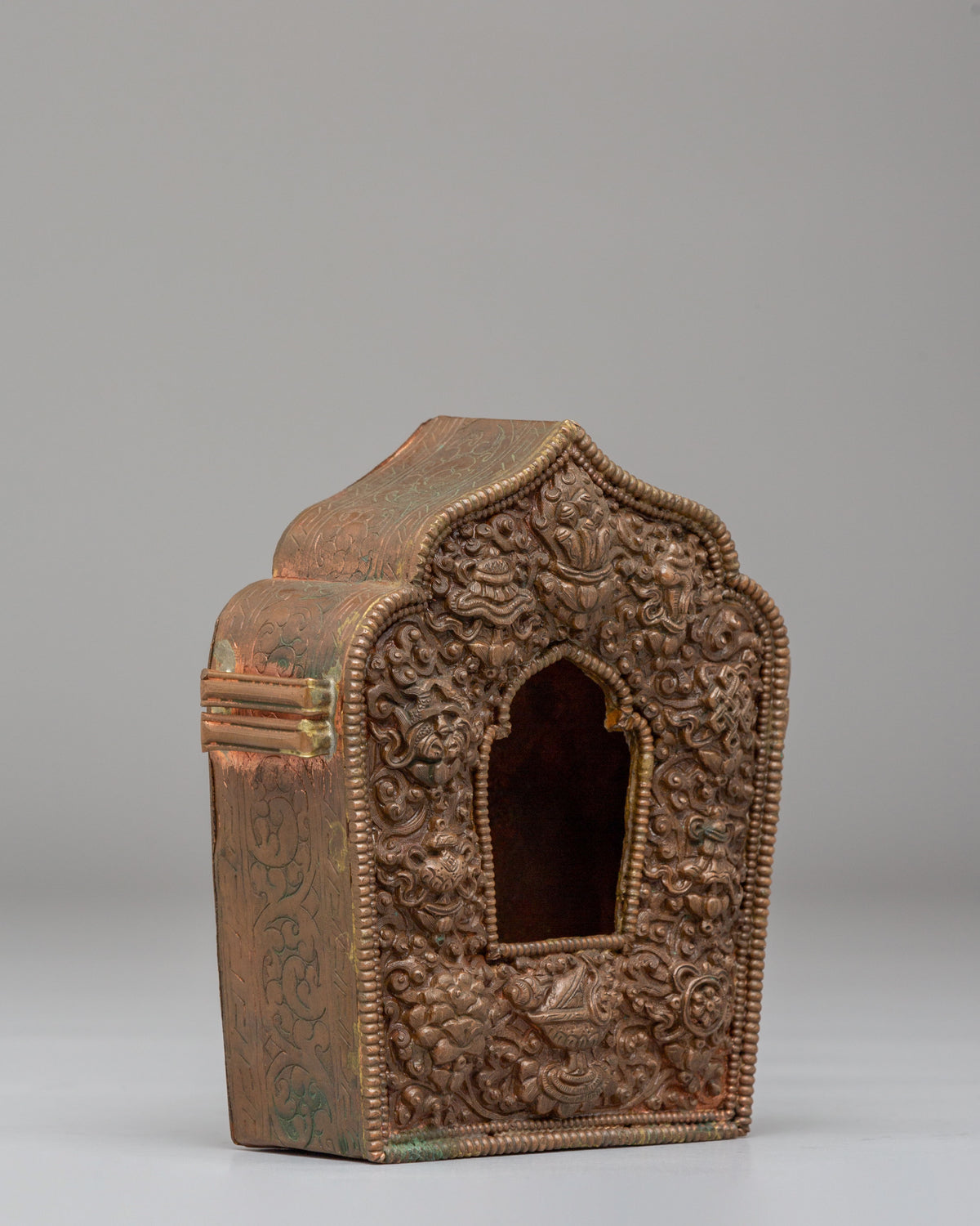 Himalayan Buddhist Altar Ghau Box | Copper Bronze Shrine Box
