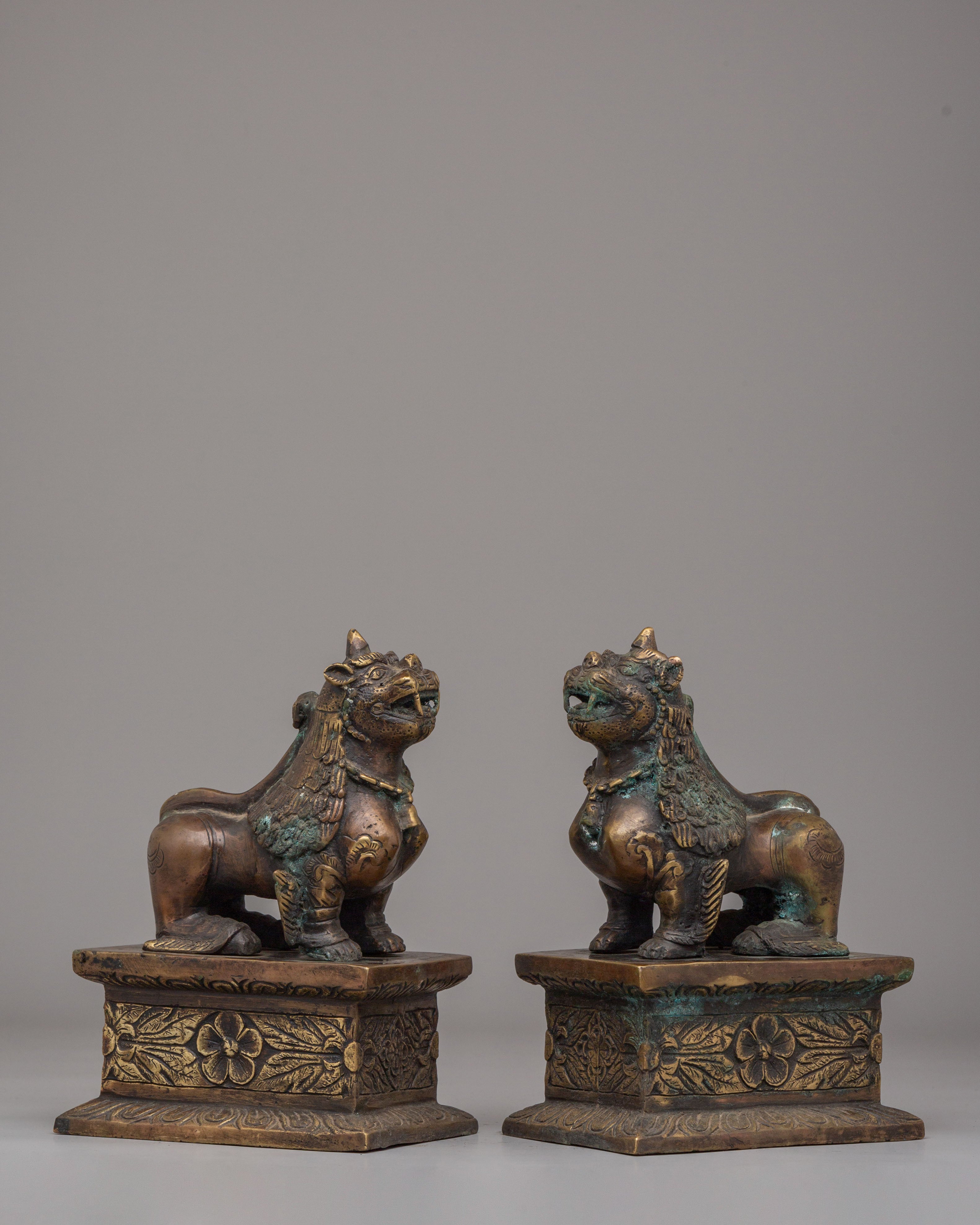 Buddhist Guardian Lion Sculpture Set | Symbol of Protection & Strength