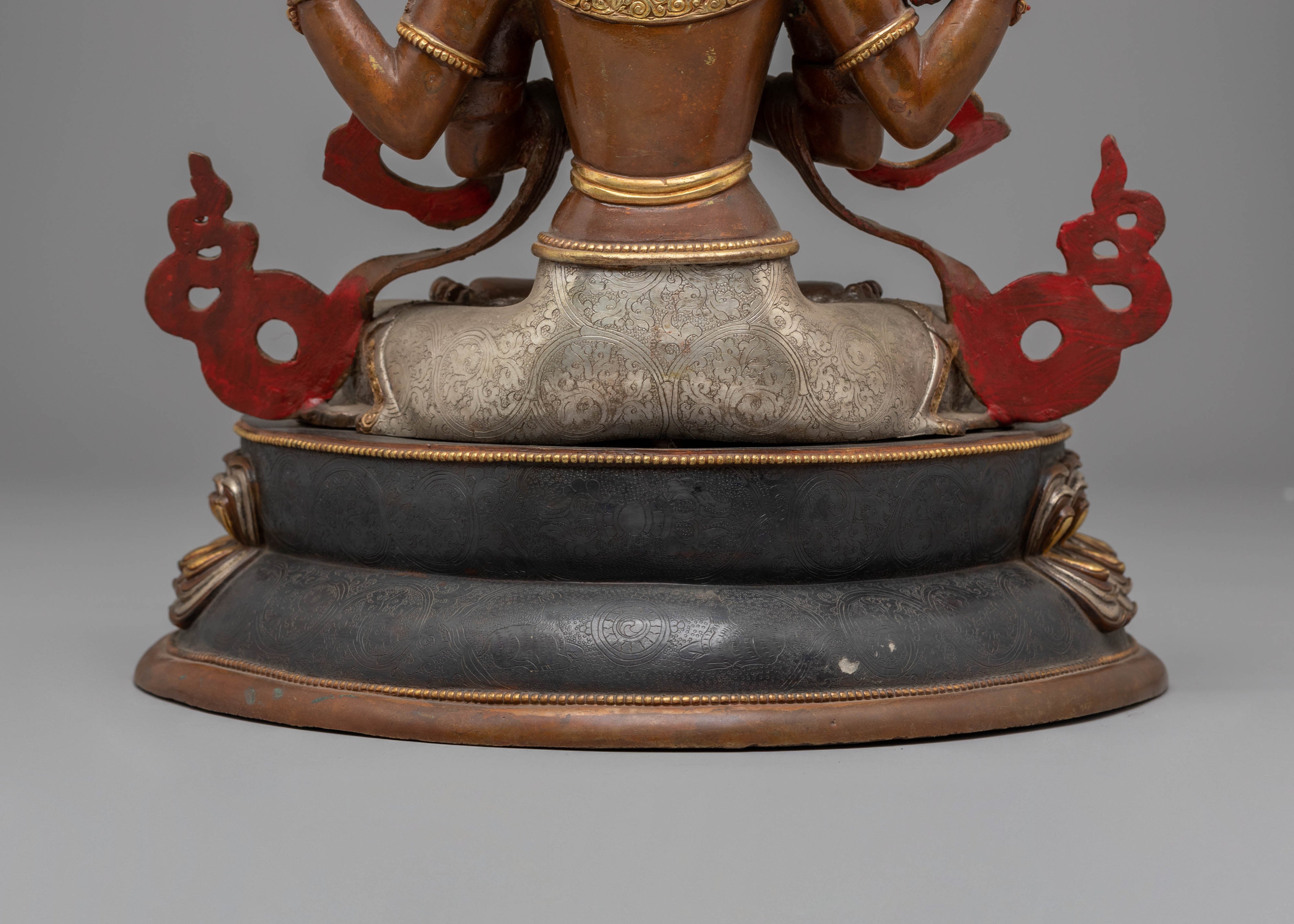 Handcrafted Copper Sculpture of Chenrezig with 24K Gold Gilding and Silver Plating