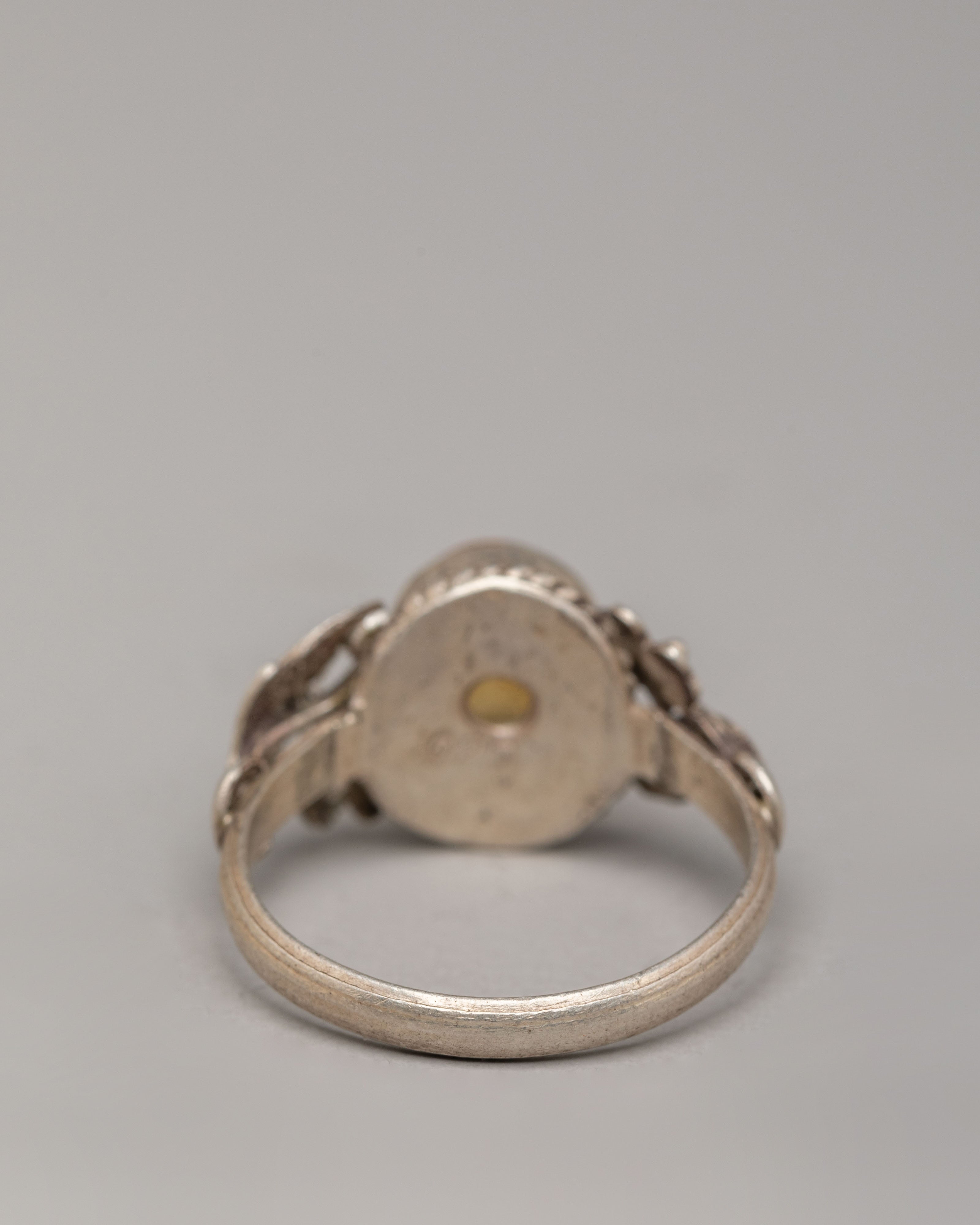 Tibetan Stone Ring | Natural Zircon Silver Ring with Floral Motif