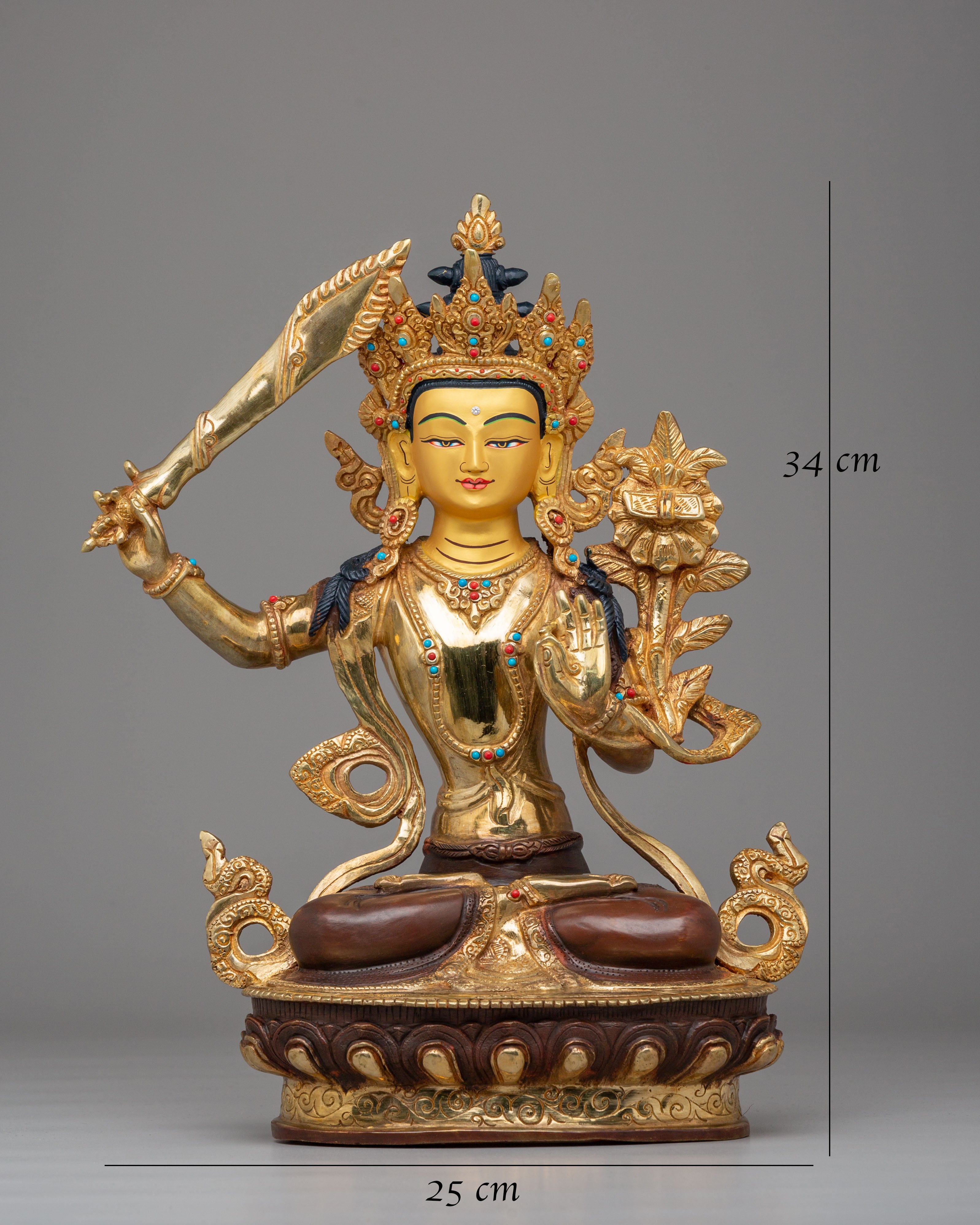 Spiritual Manjushri Altar Statue | 24K Gold Plated Tibetan Buddhist Deity