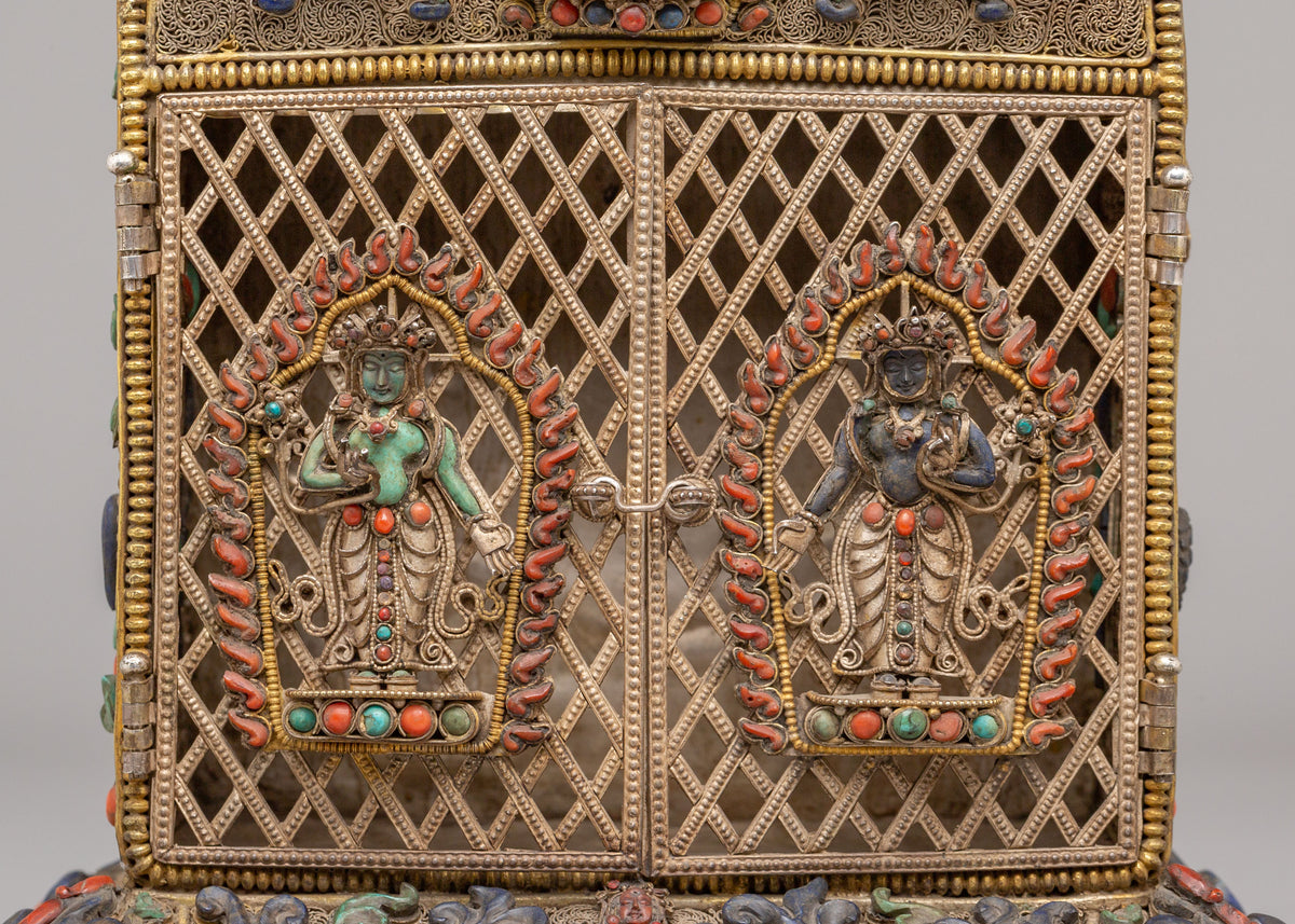 Buddhist Ghau Box with Deity Carvings | Silver Sacred Shrine
