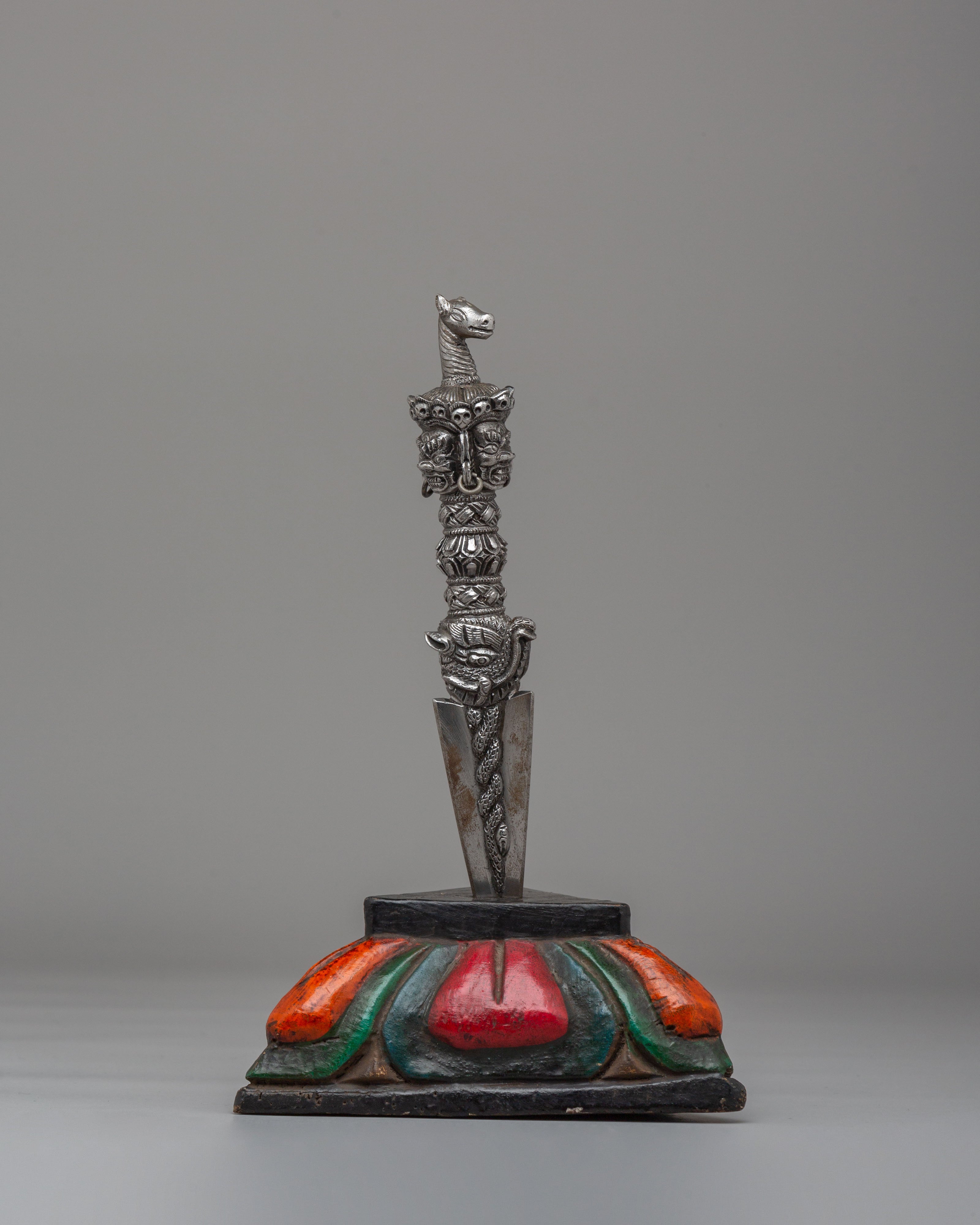 Handmade Tibetan Ritual Dagger | Hayagriva Altar Tool with Wooden Base for Meditation