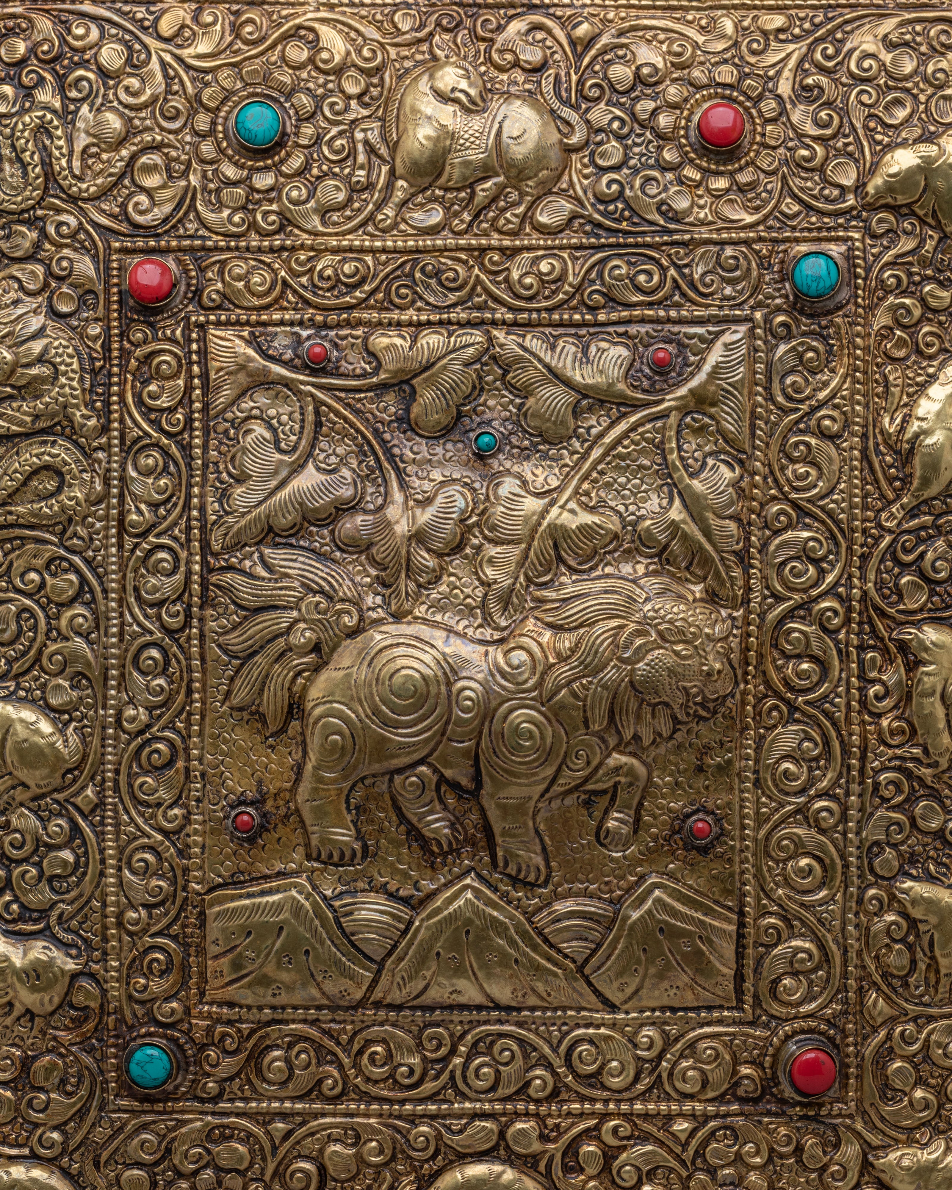 Decorative Tibetan Wall Hanging | Gemstone Inlaid Copper Art