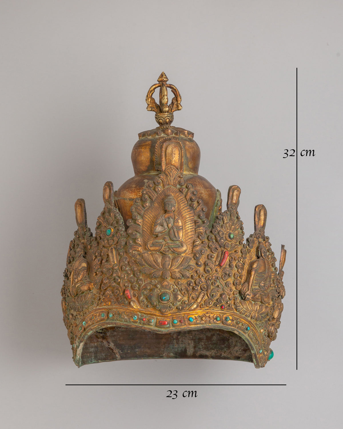 Tibetan Buddhist Ritual Crown | Copper Gold Plated Ceremonial Ornament