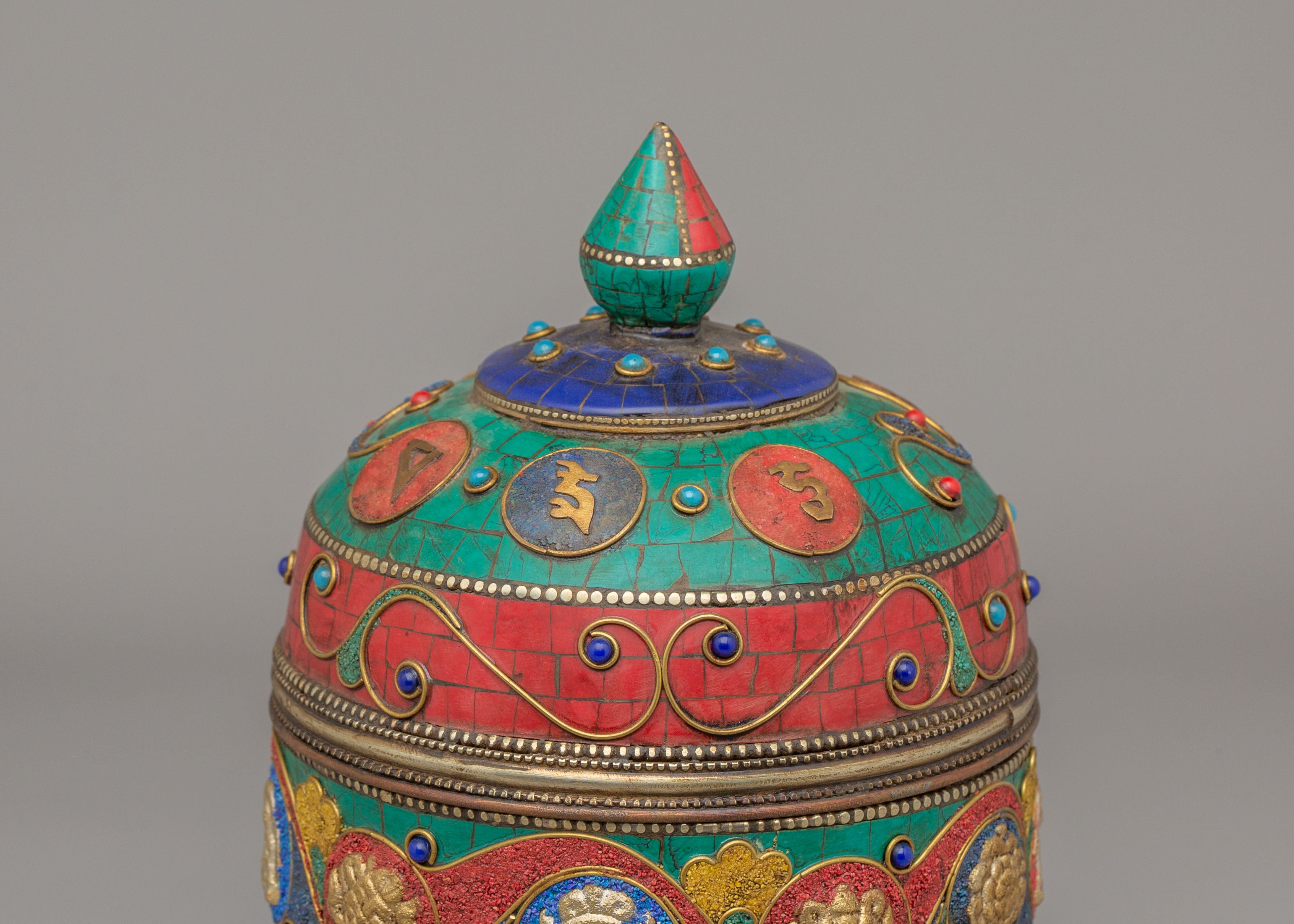 Handmade Blessing Prayer Wheel | Shakyamuni Buddha and Auspicious Symbol Design