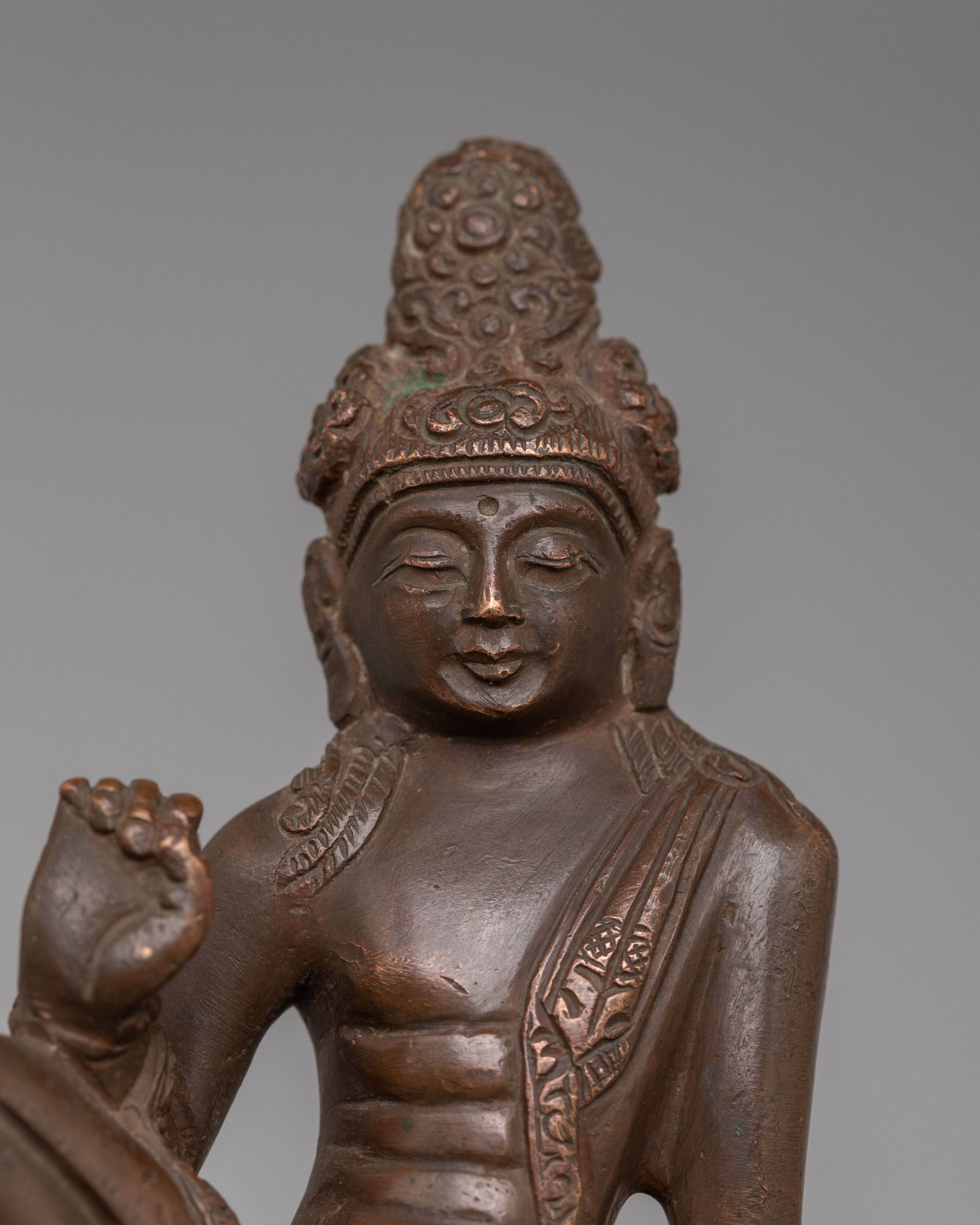 Handmade Indra Statue | Copper Lord Indra Figure with Wooden Base