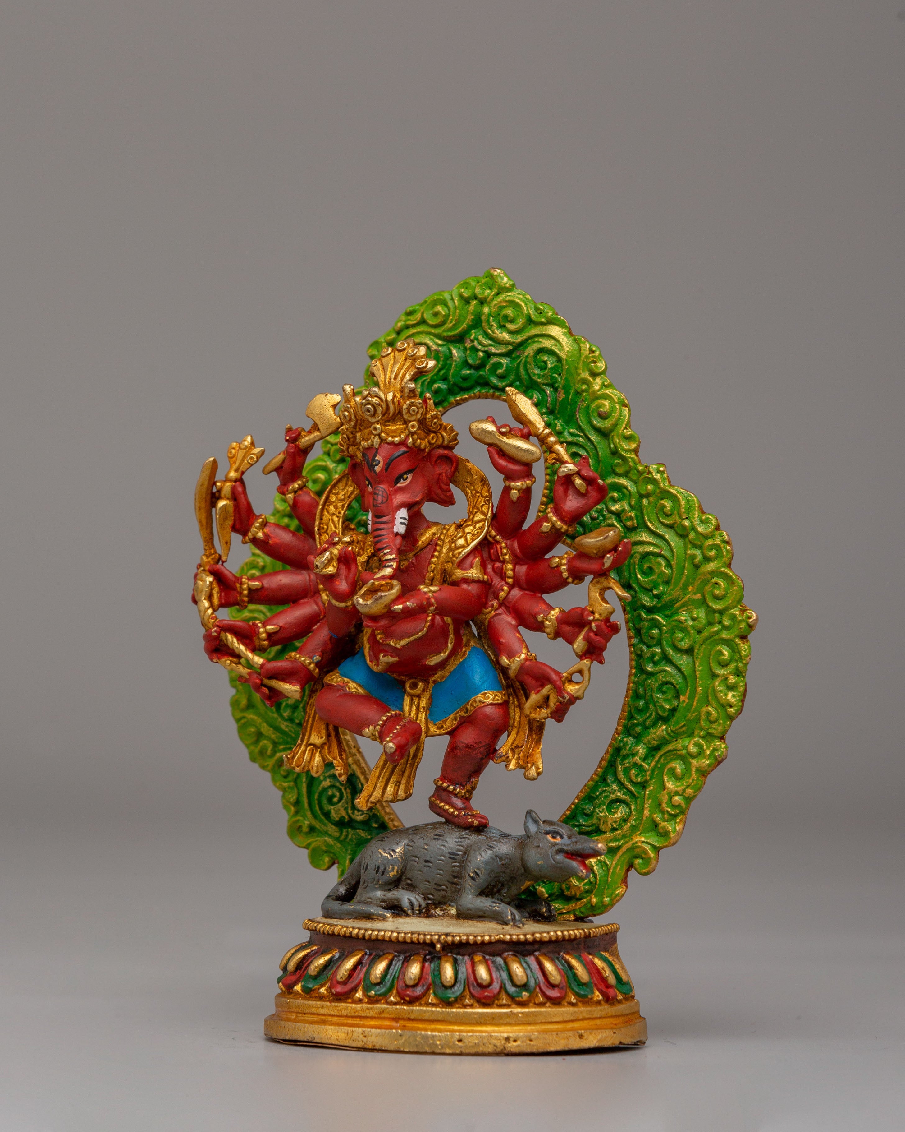 Sacred 12-Armed Maha Rakta Ganesha Statue | Multi-Armed Hindu Deity