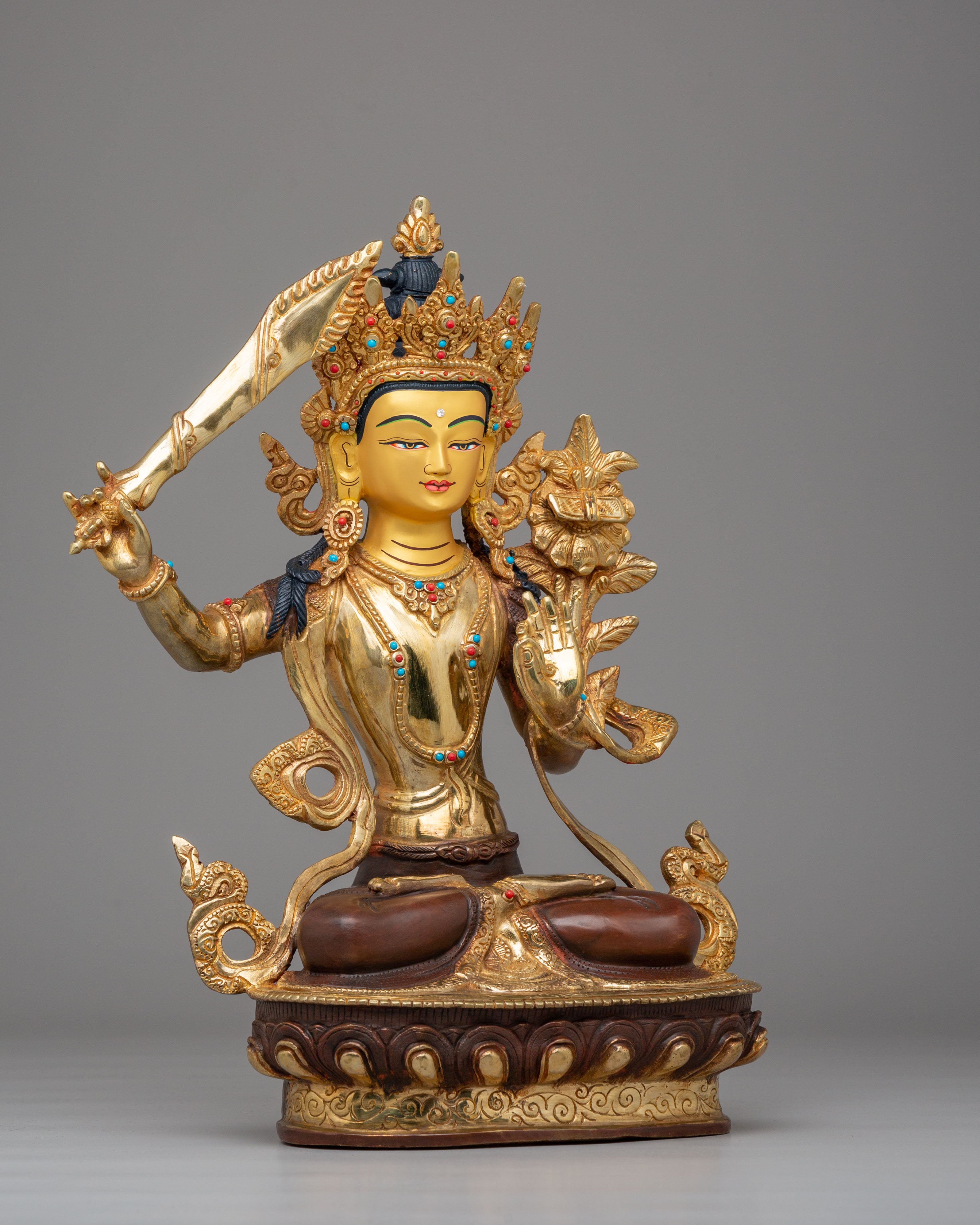 Spiritual Manjushri Altar Statue | 24K Gold Plated Tibetan Buddhist Deity