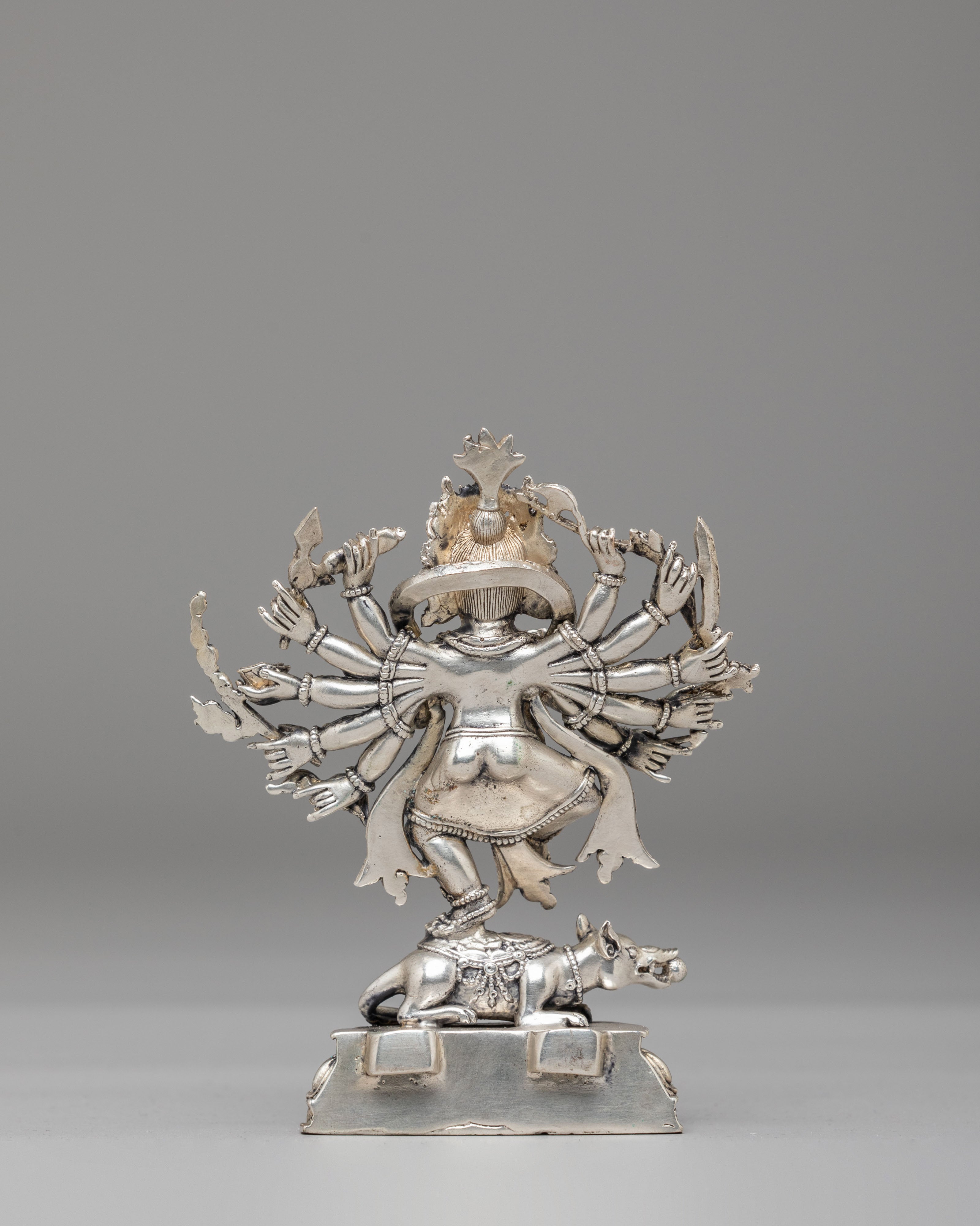 12-Armed Maha Rakta Ganesh Statue | Machine Made Silver Plated Hindu Deity
