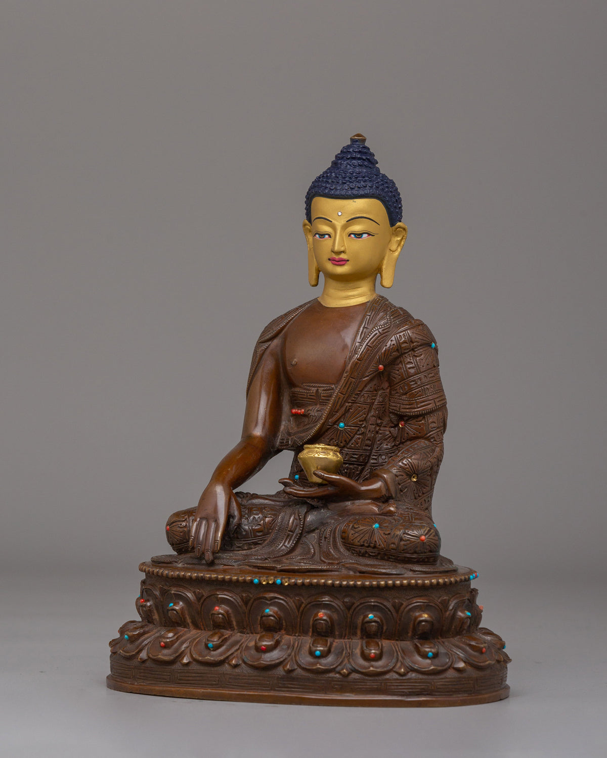 Handcrafted Shakyamuni Buddha Sculpture | Oxidized Copper Body with 24K Gold Plating