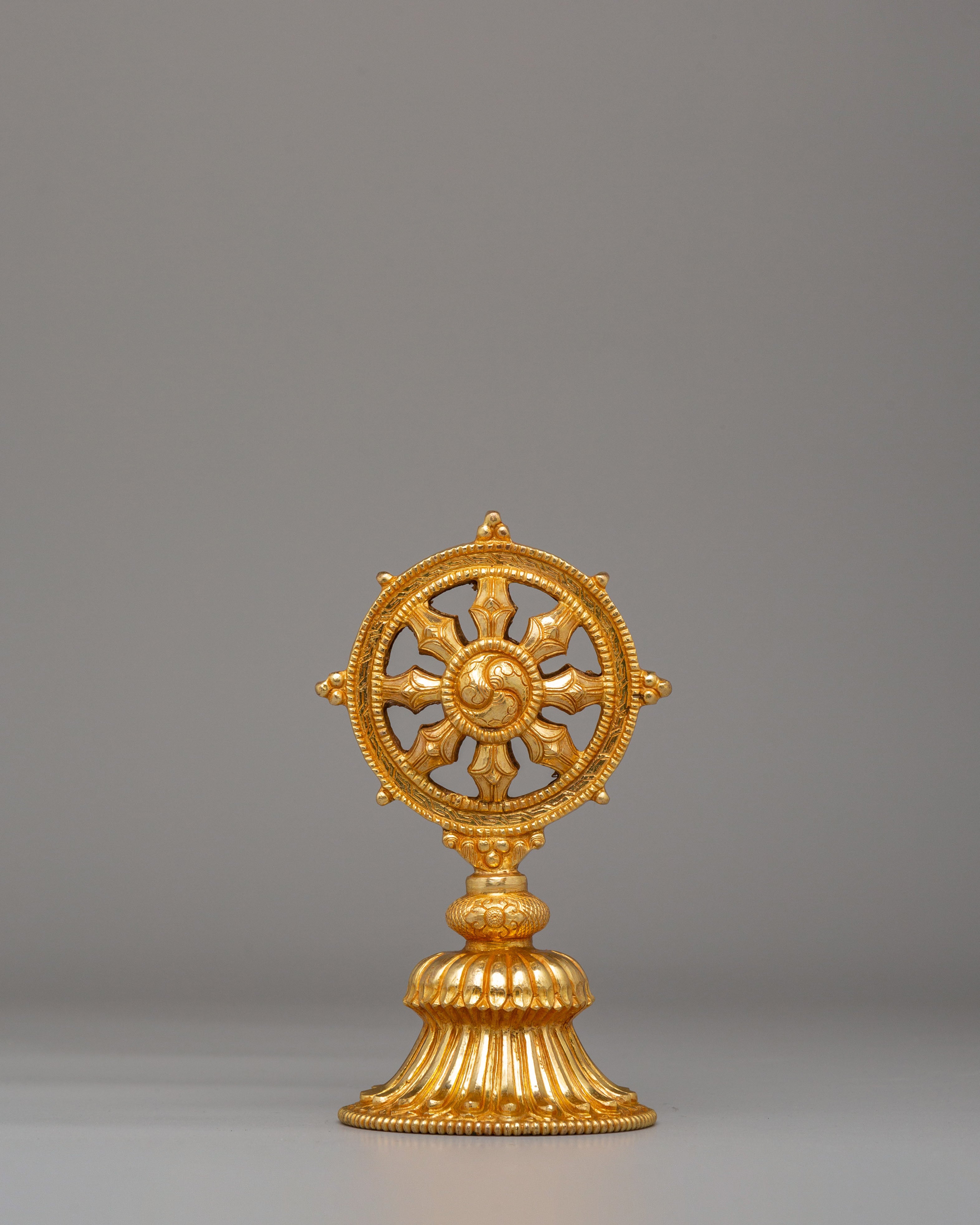 Traditional Dharma Wheel for Ritual | Copper Electro Gold Plated Wheel with Deer