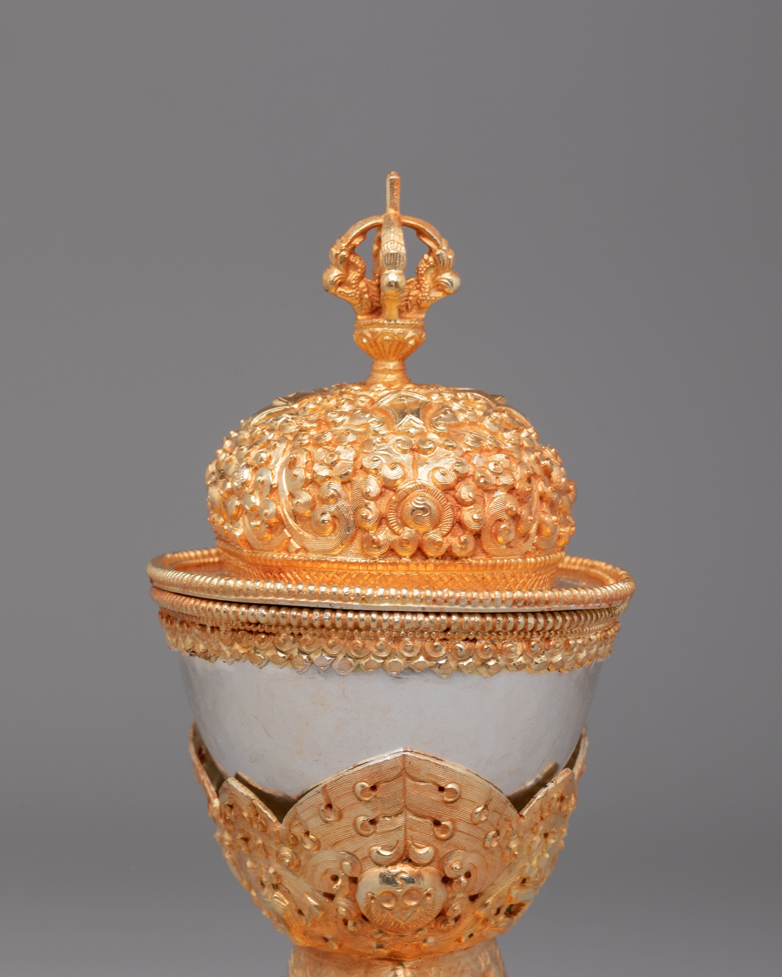 Tibetan Altar Offering Kapala | Copper Body with Electro Gold & Silver Plating