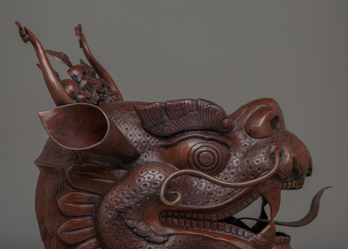 Carved Dragon Head Sculpture | Traditional Oxidized Copper Artwork