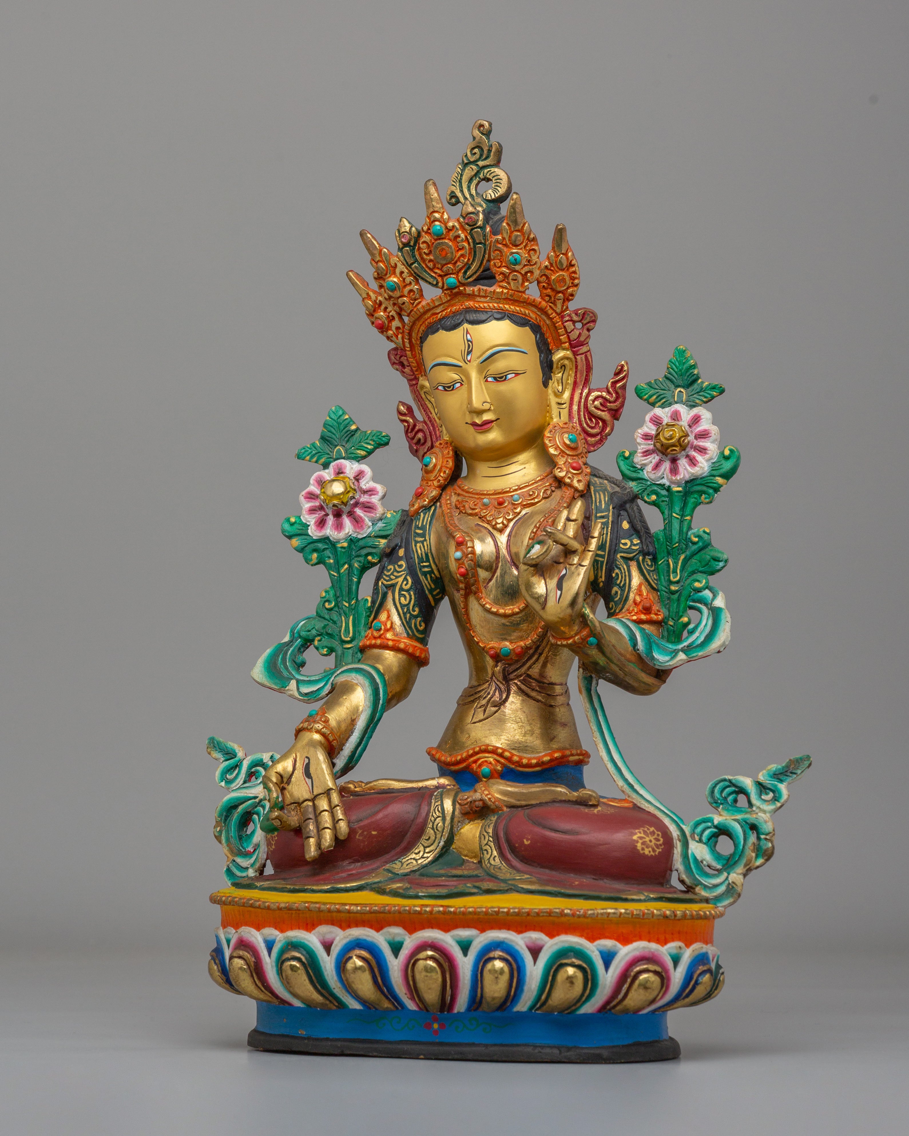 Handmade White Tara Statue for Healing | 24K Gold Plated Copper Tara