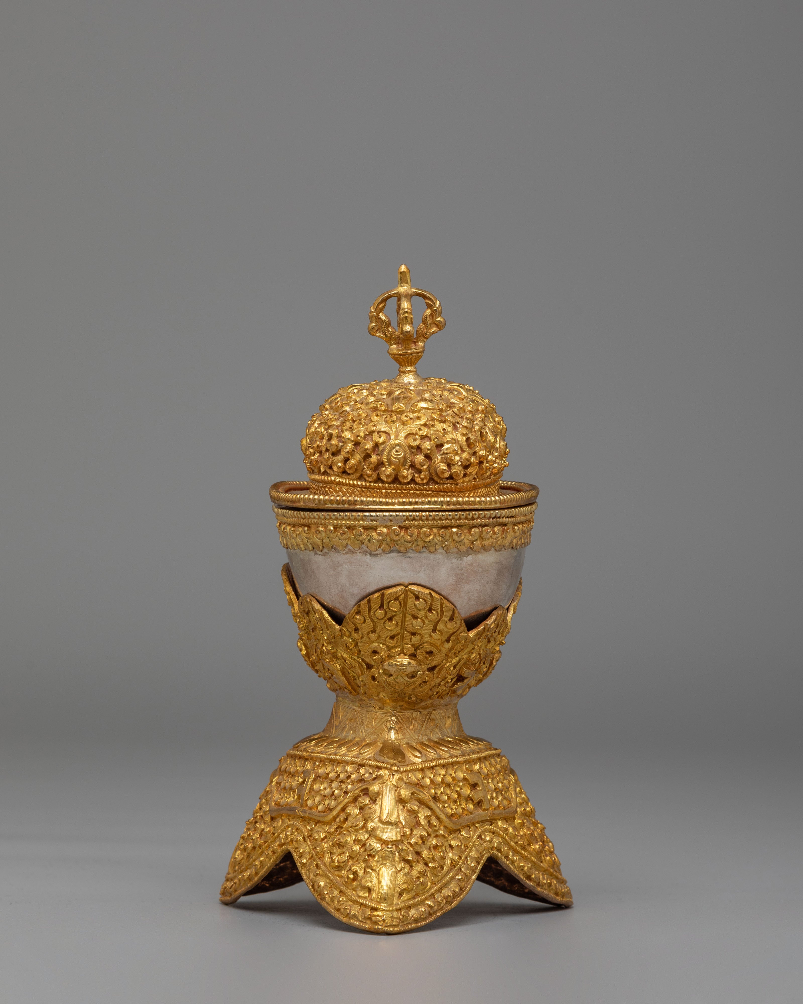Spiritual Handcrafted Ritual Kapala Set | Gold & Silver Plated Tibetan Vessels