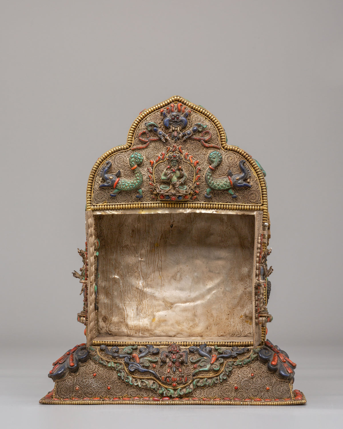 Buddhist Ghau Box with Deity Carvings | Silver Sacred Shrine