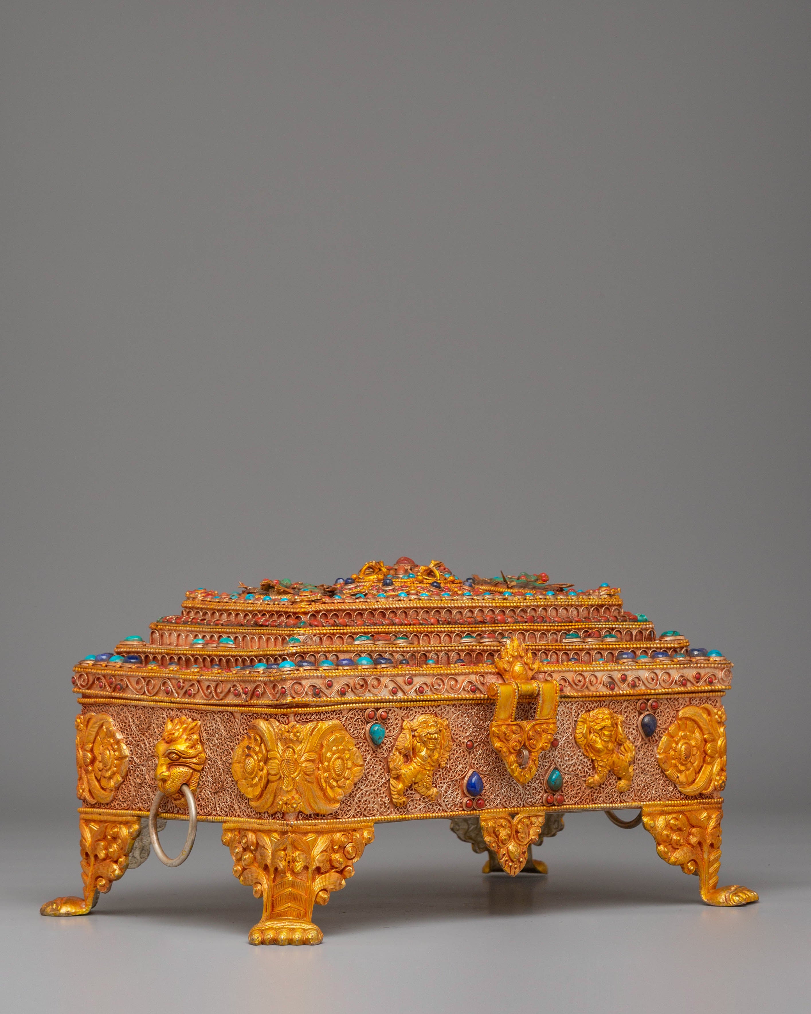 Electro Gold Plated Copper Treasure Box | Tibetan Altar Decor