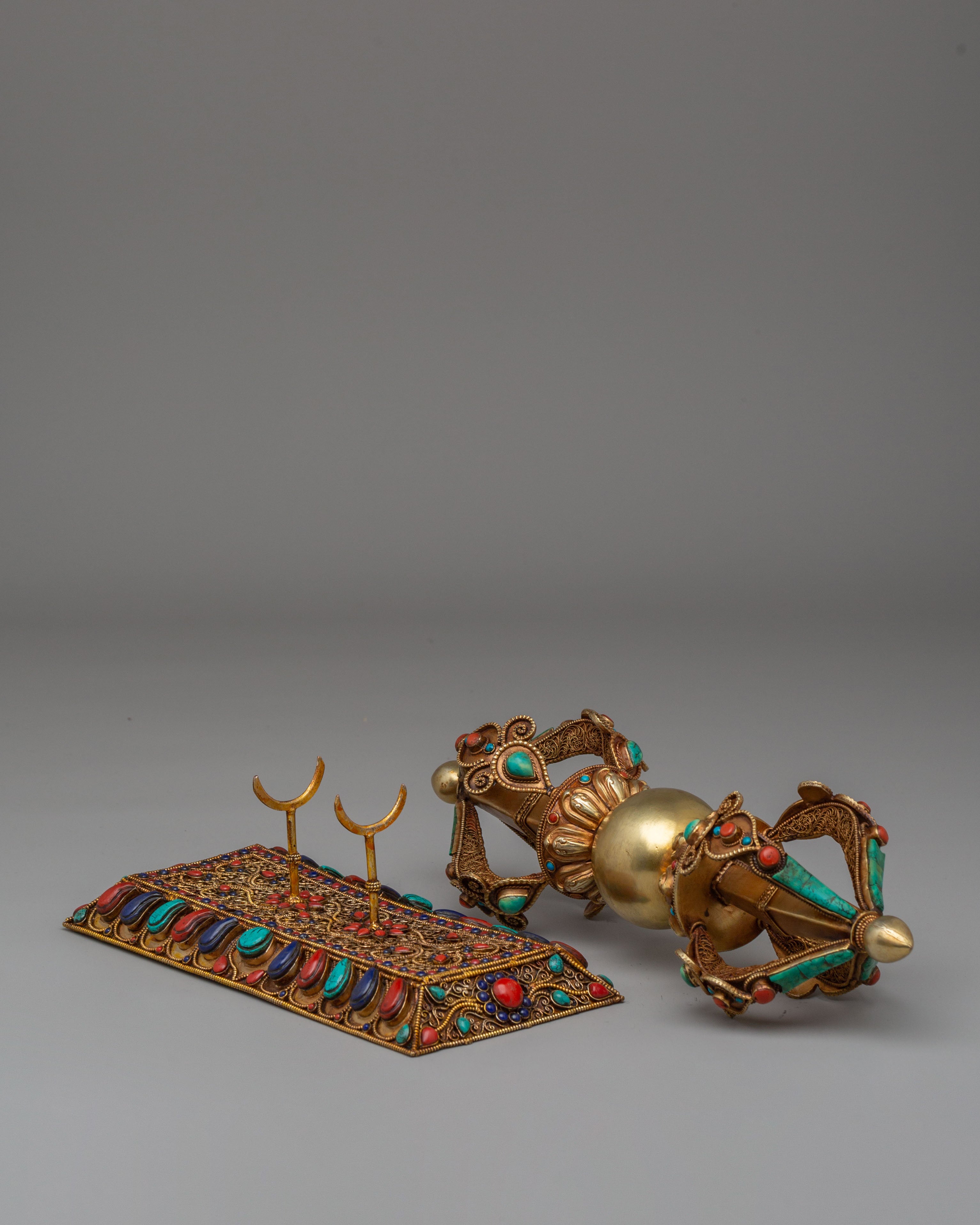 Buddhist Ritual Vajra With Stand | Copper Gemstone Dorje