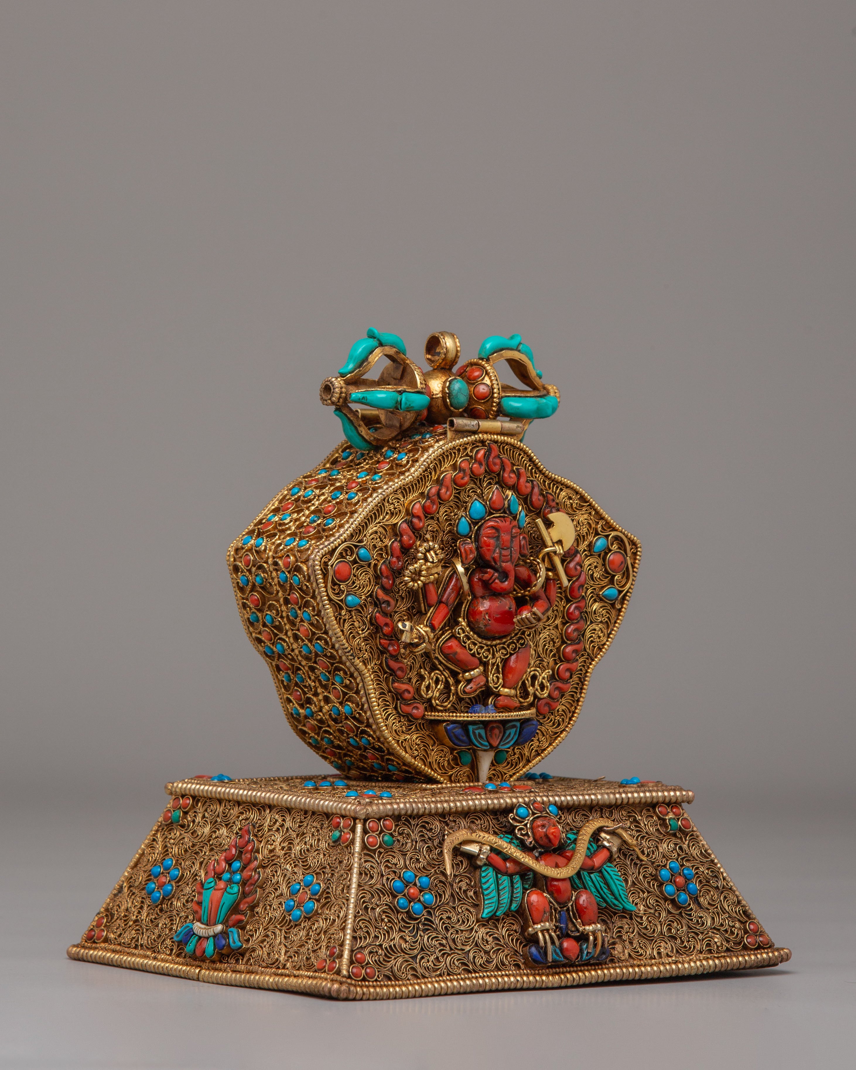 Ganesha And Garuda Ghau Box Locket | Copper With Handcarved Gemstone