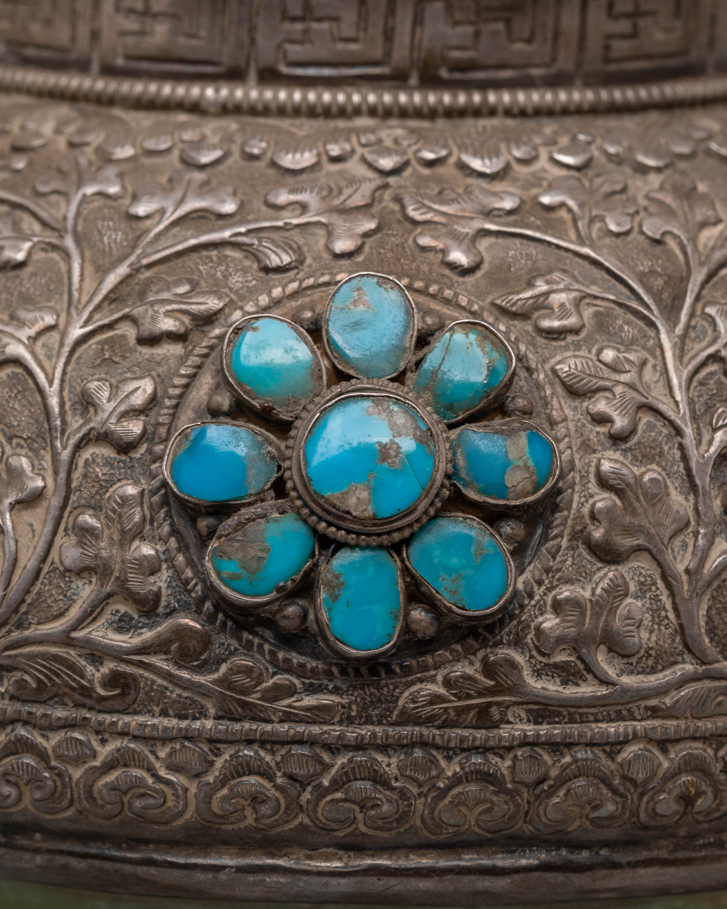 Decorative Tibetan Incense Burner | Silver and Jade Inense Burner