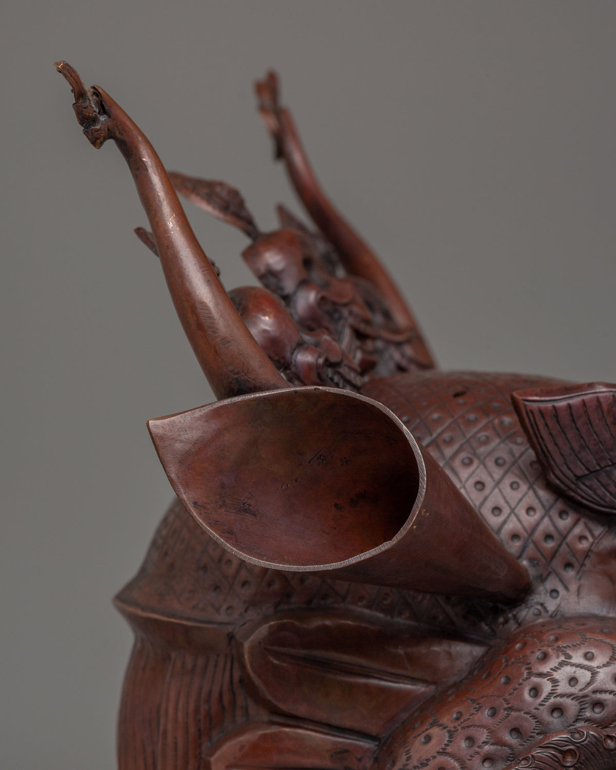 Carved Dragon Head Sculpture | Traditional Oxidized Copper Artwork