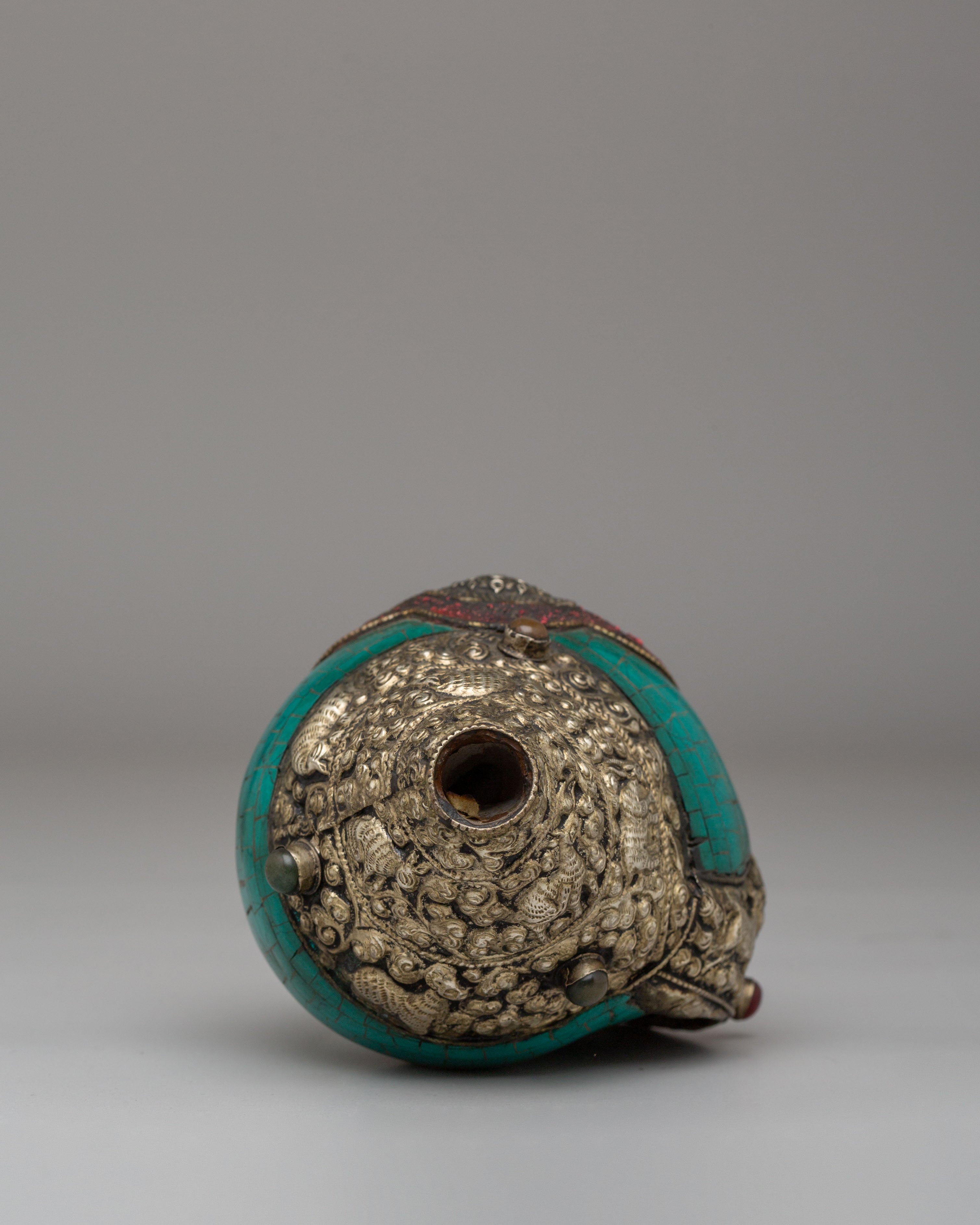 Handmade Tibetan Conch | Gemstone & Coral Inlay