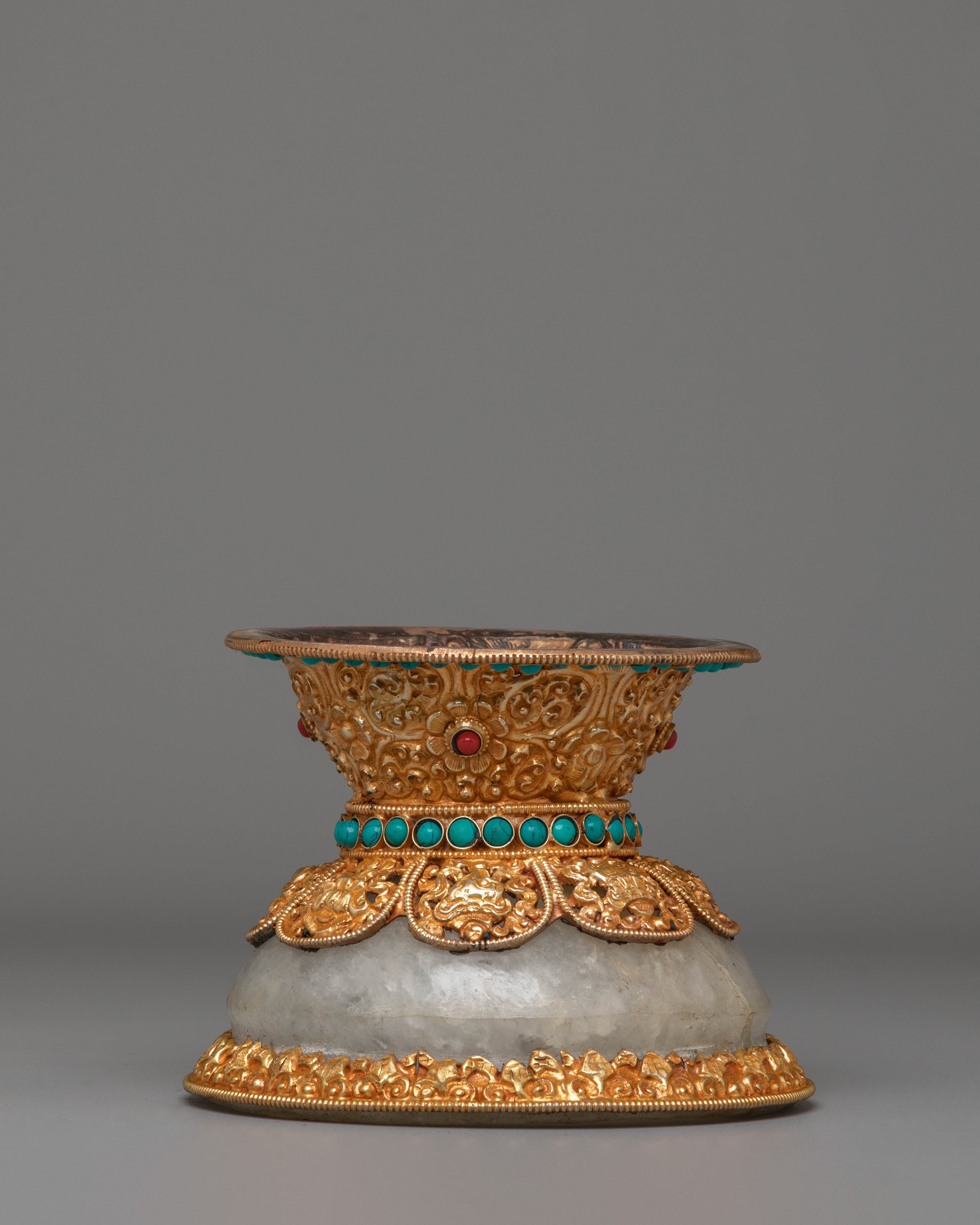 Spiritual Buddhist Rice Pot | Electro Gold-Plated Copper with Coral & Turquoise