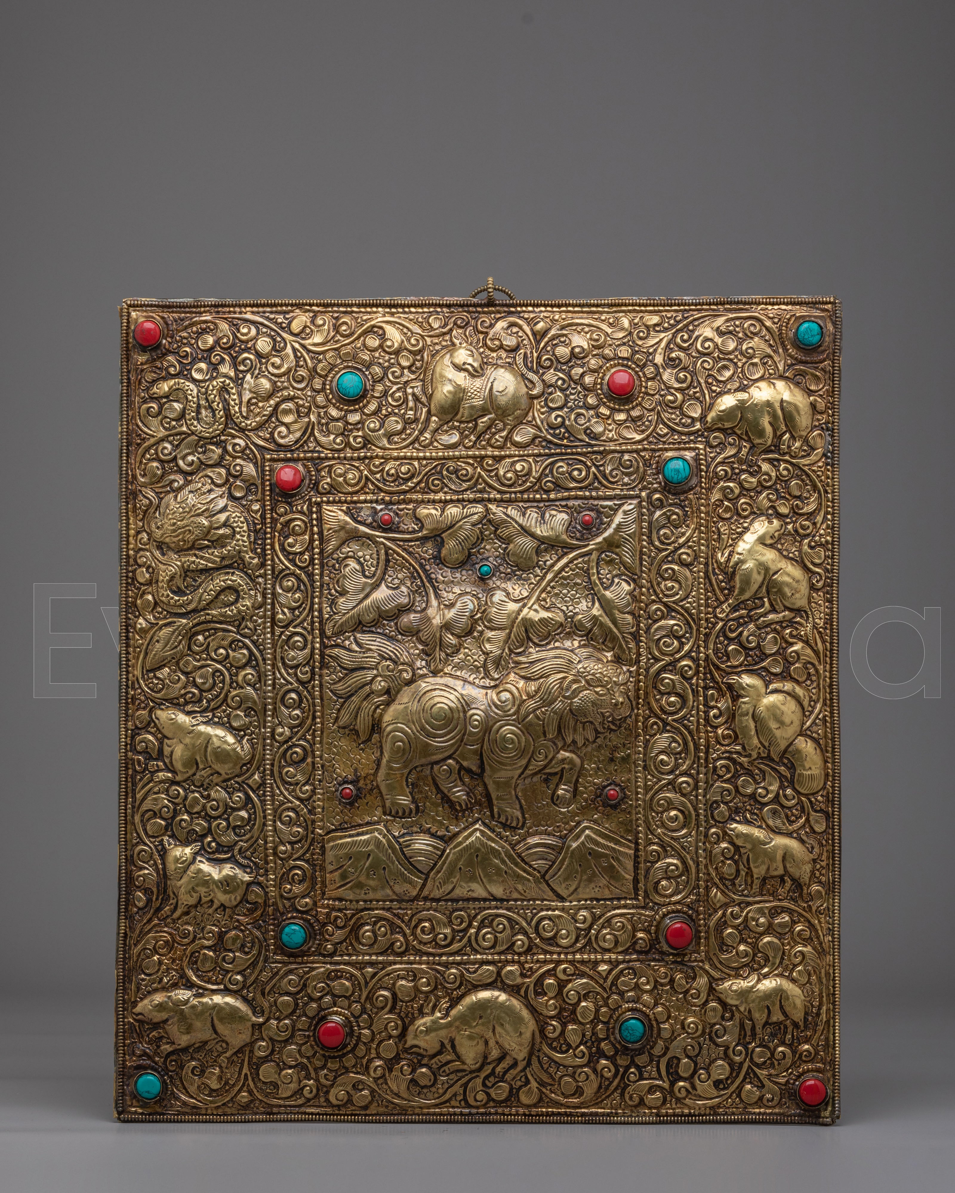 Decorative Tibetan Wall Hanging | Gemstone Inlaid Copper Art