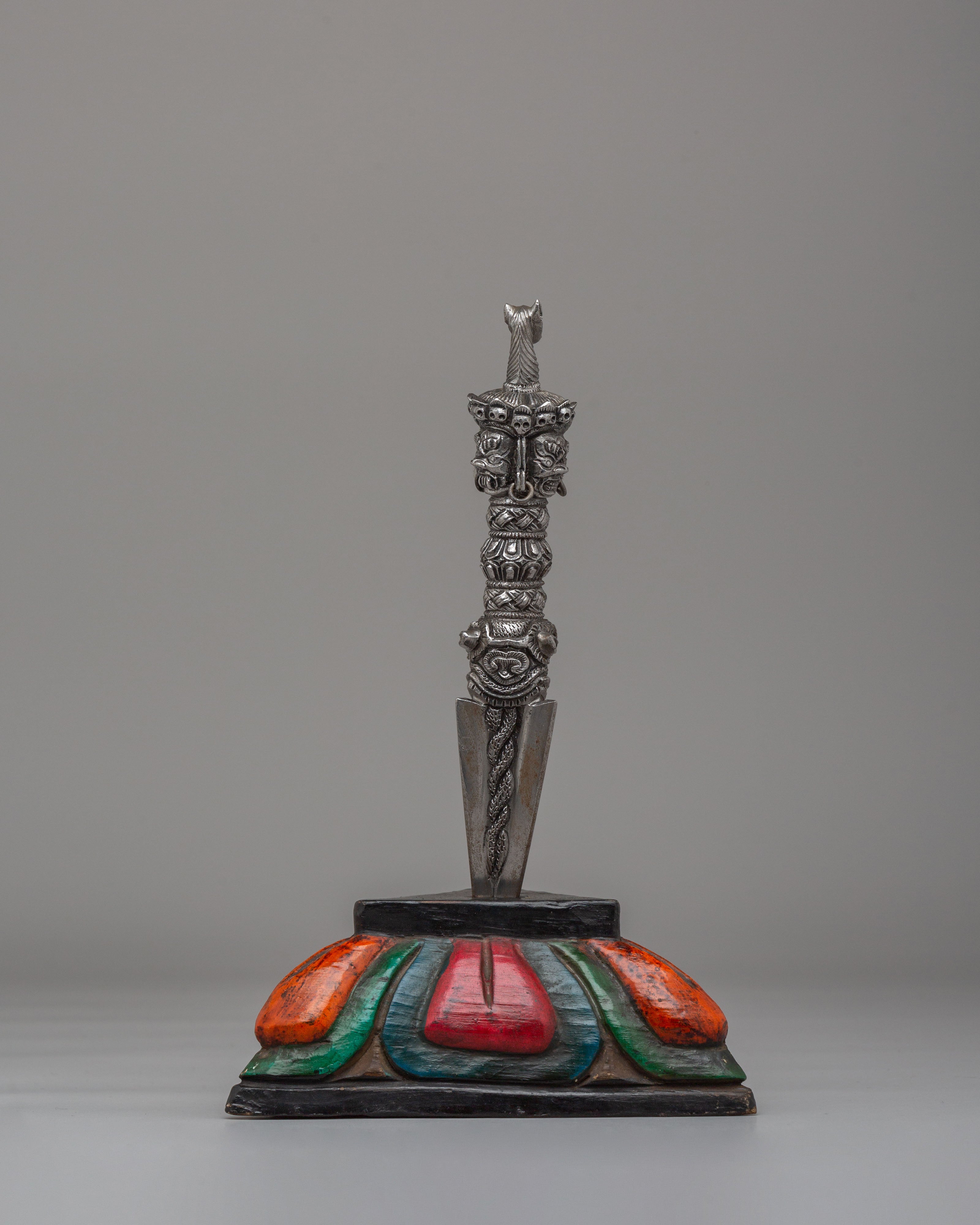 Handmade Tibetan Ritual Dagger | Hayagriva Altar Tool with Wooden Base for Meditation