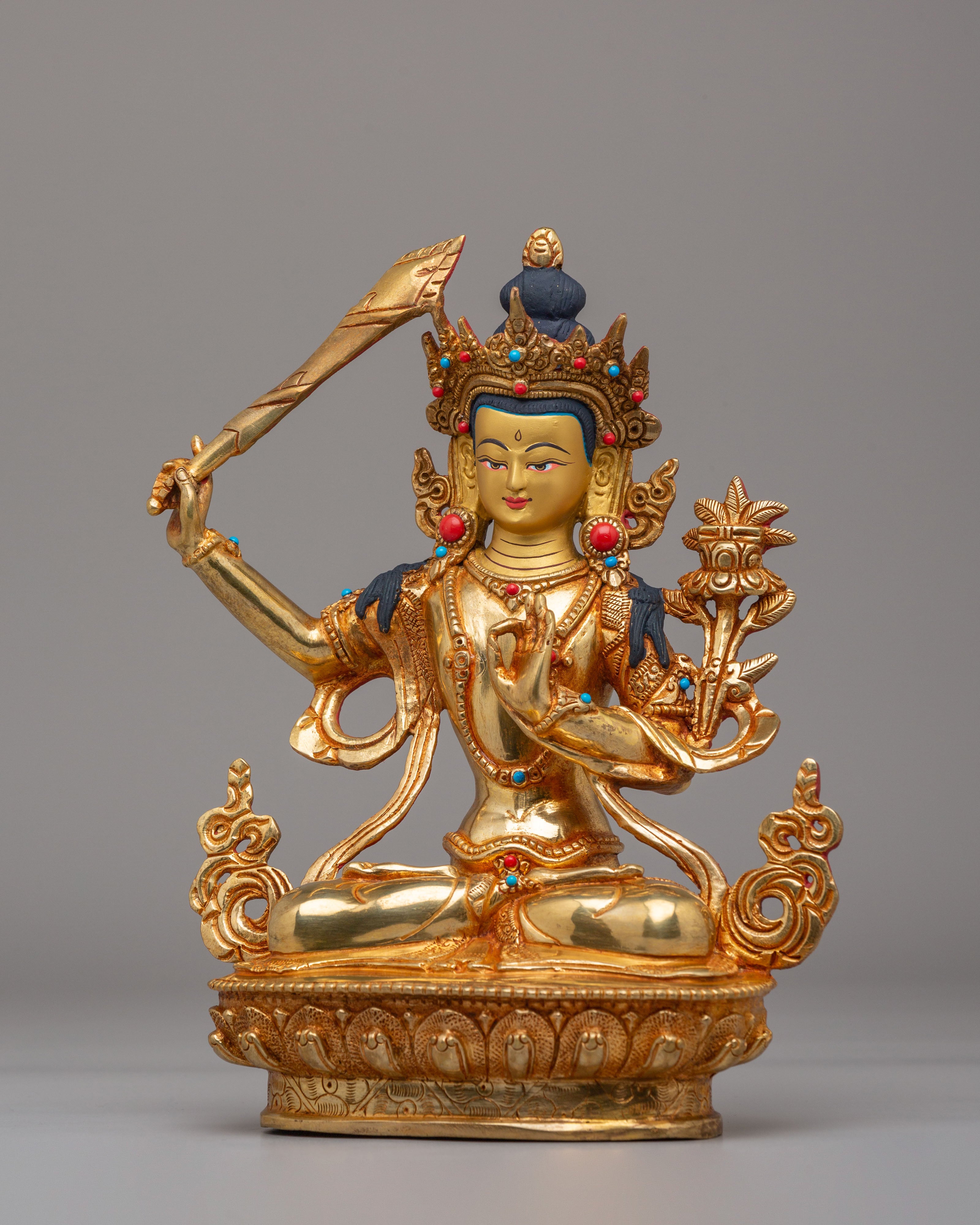 Handmade Wisdom Manjushri Statue | 24K Gold Plated Tibetan Buddhist Sculpture