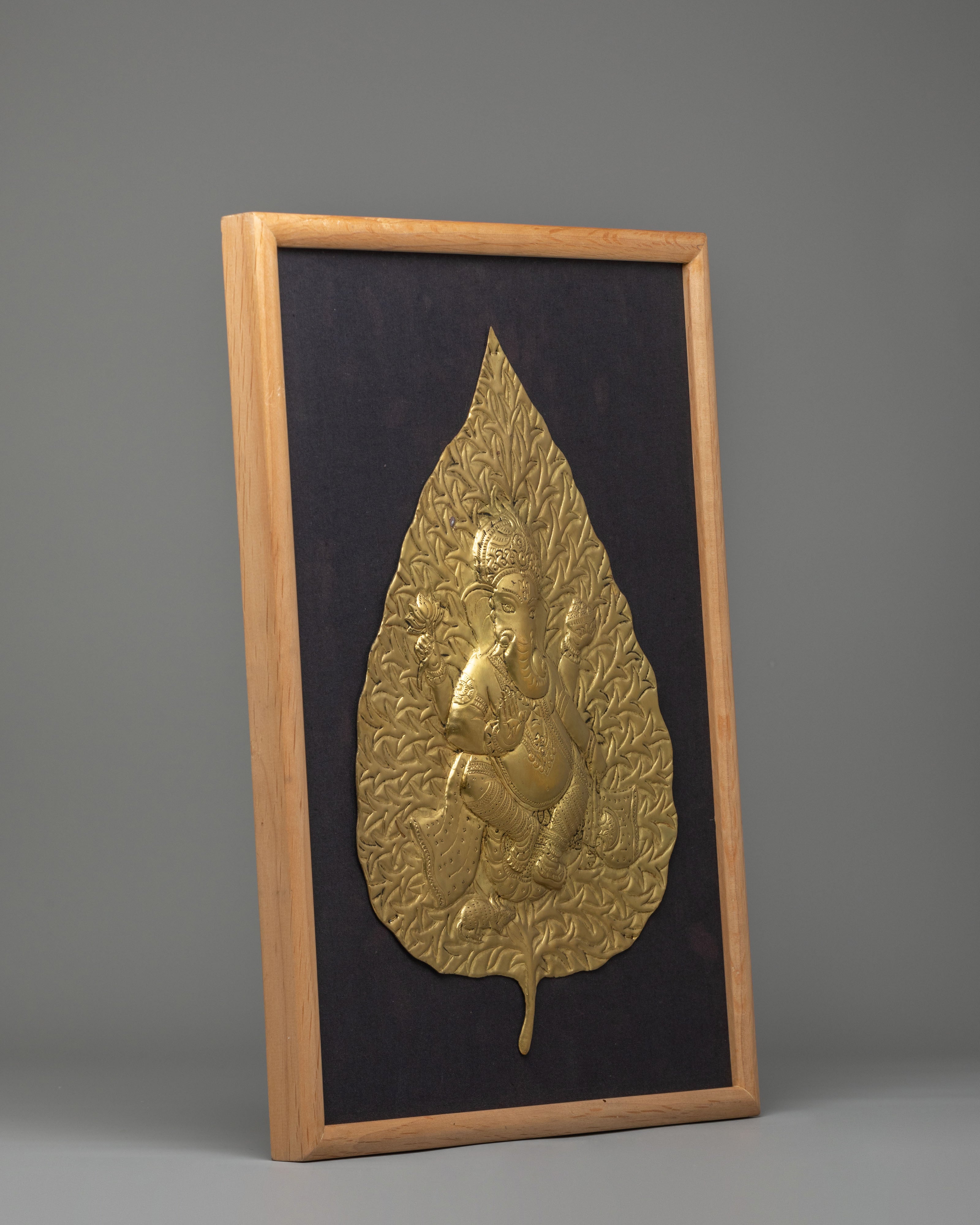 Sacred Ganesh Hindu Deity Wall Art | Brass Ganesha Leaf Art