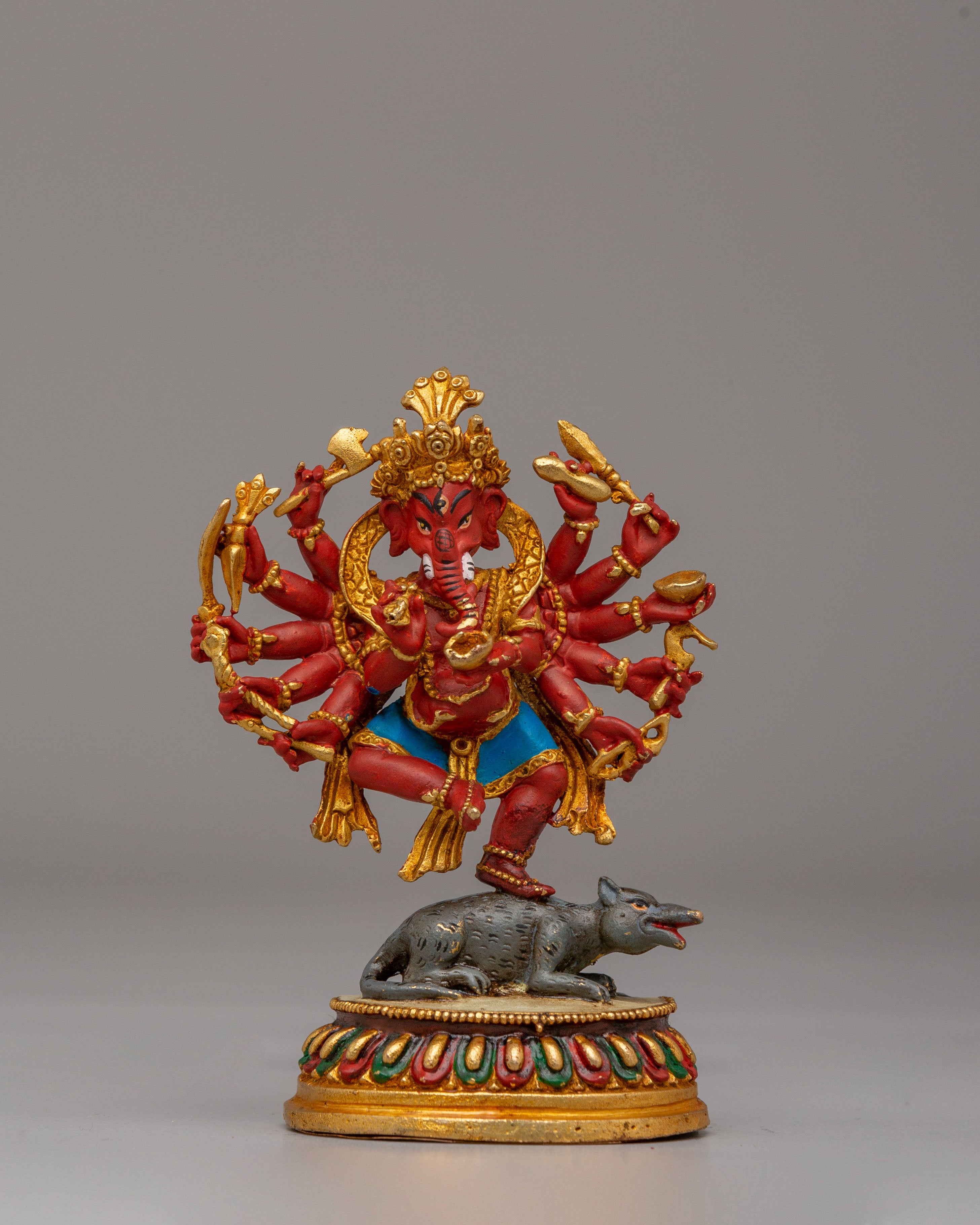 Sacred 12-Armed Maha Rakta Ganesha Statue | Multi-Armed Hindu Deity