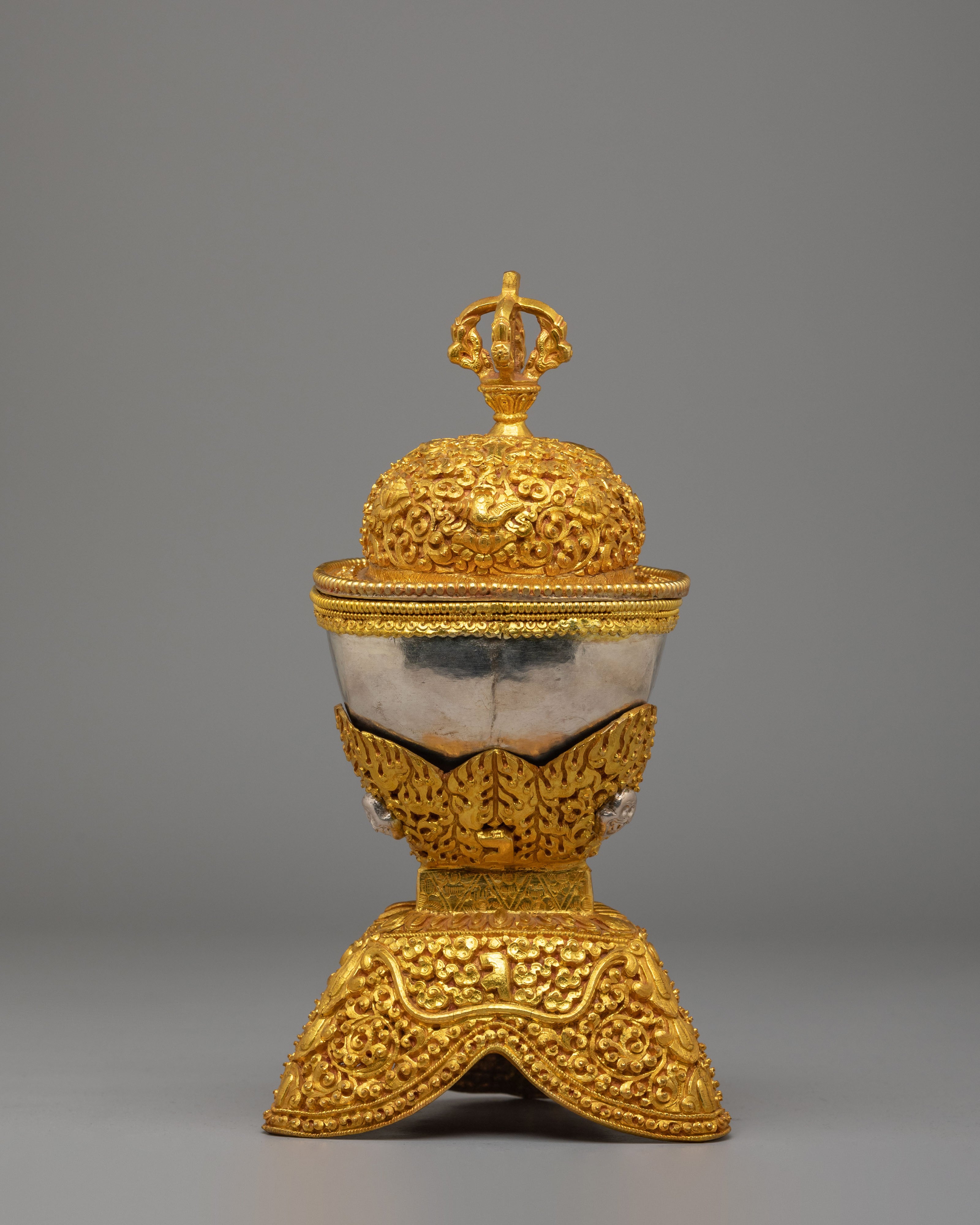 Tibetan Ritual Skull Cups for Altar | Gold and Silver Plated Kapala Set