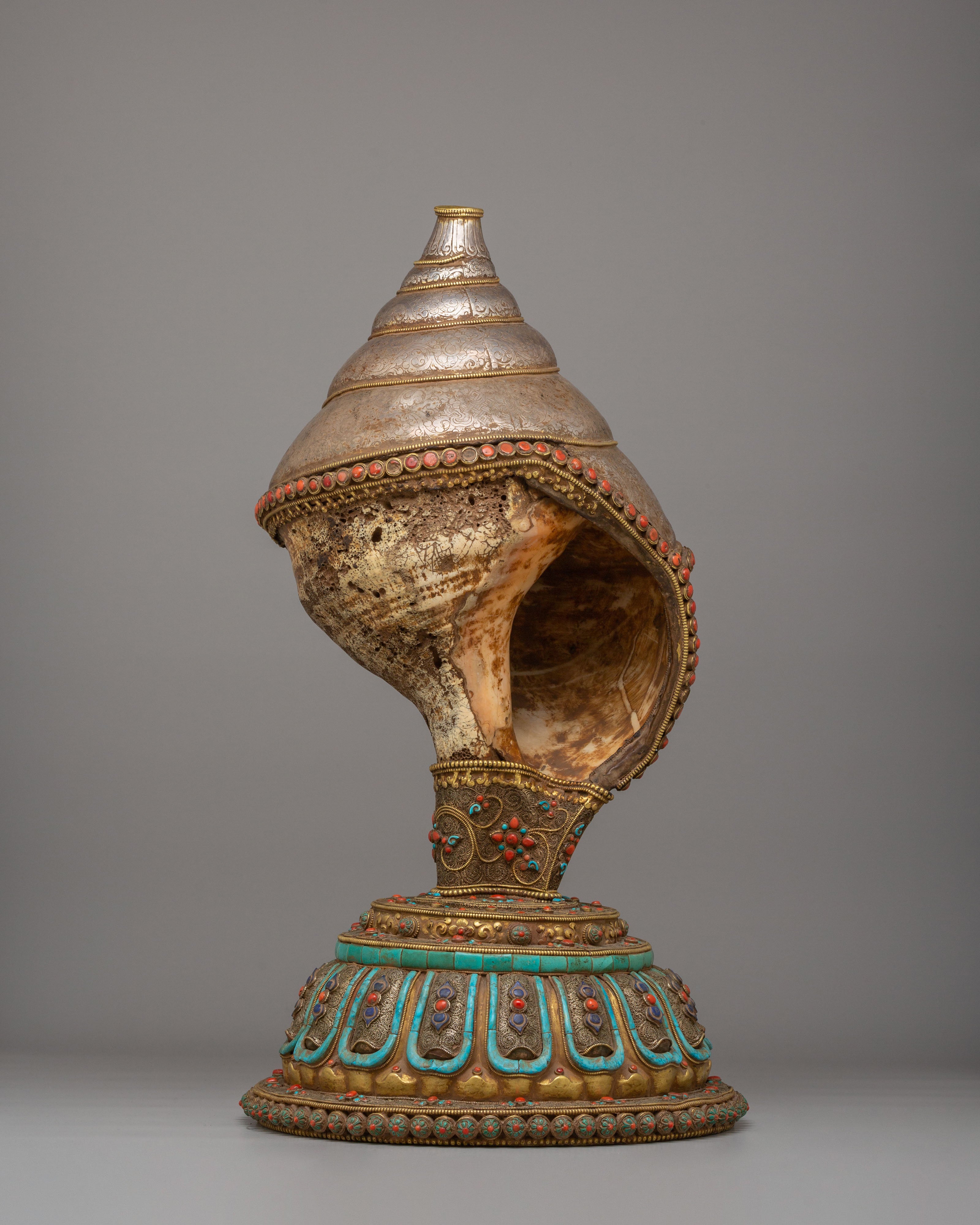 Handmade Decorative Sankha with Base | Antique Conch Shell Spiritual Decor