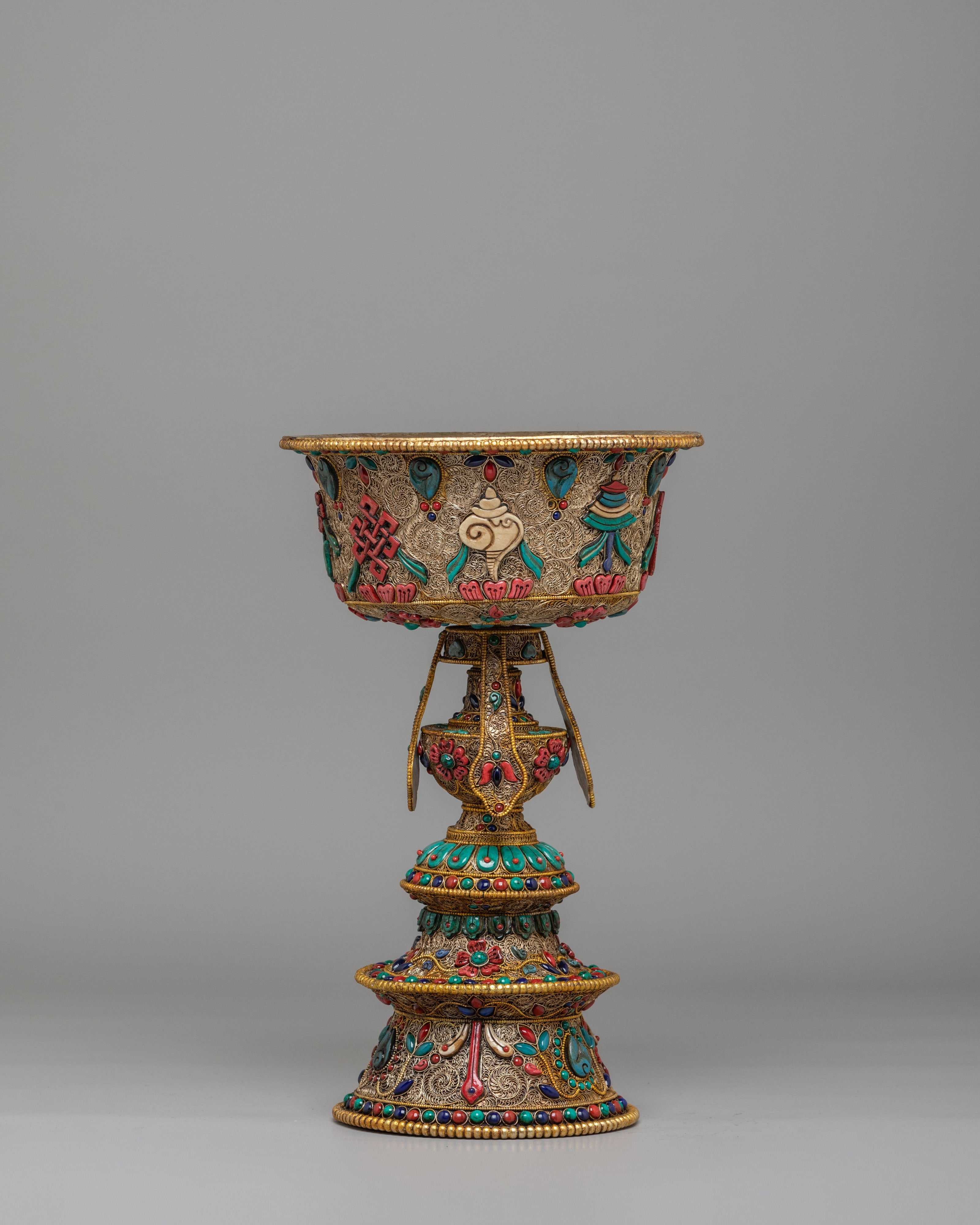 Buddhist Altar Butter Lamp Set | Gemstone Inlaid Copper Offering Lamps