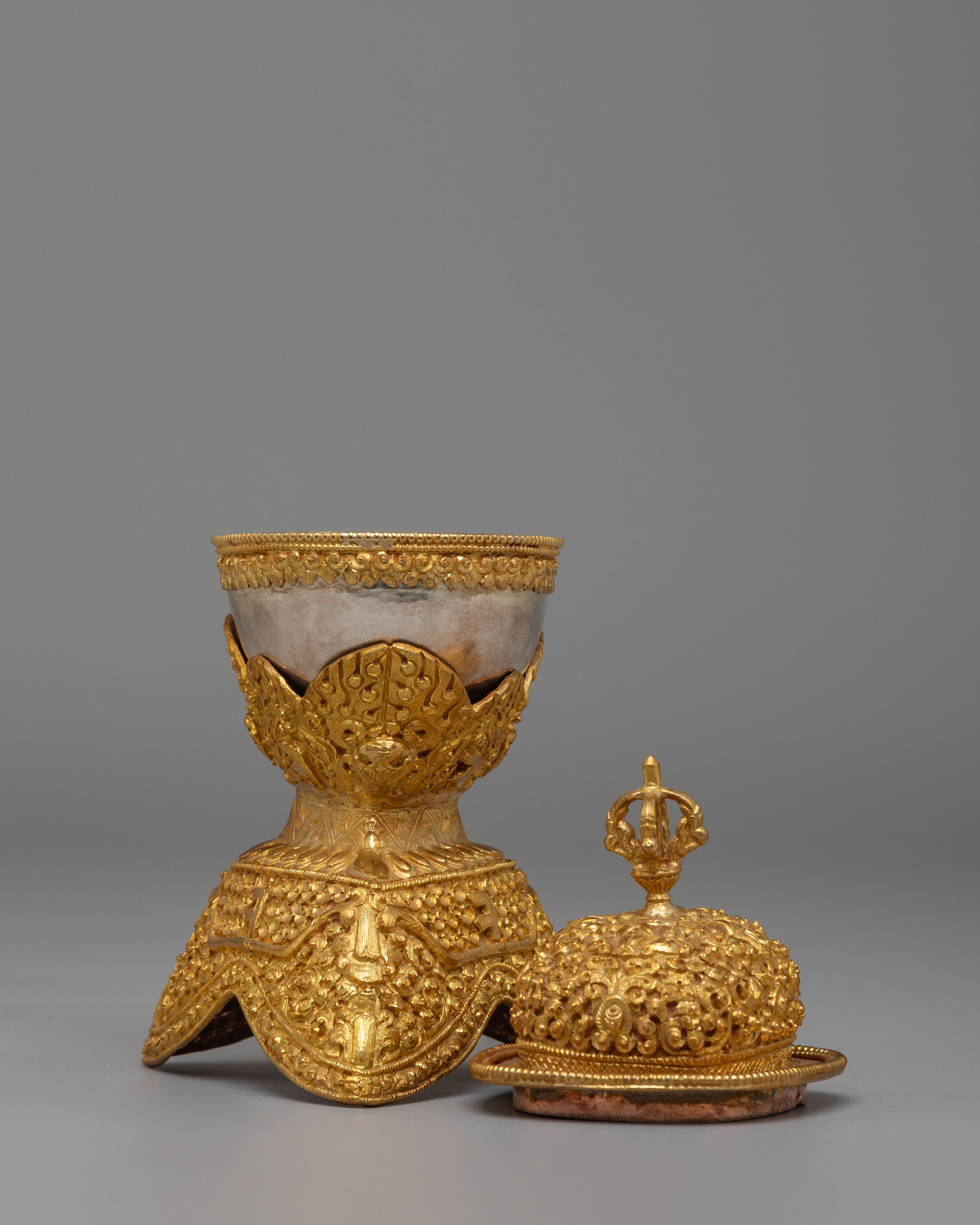 Spiritual Handcrafted Ritual Kapala Set | Gold & Silver Plated Tibetan Vessels