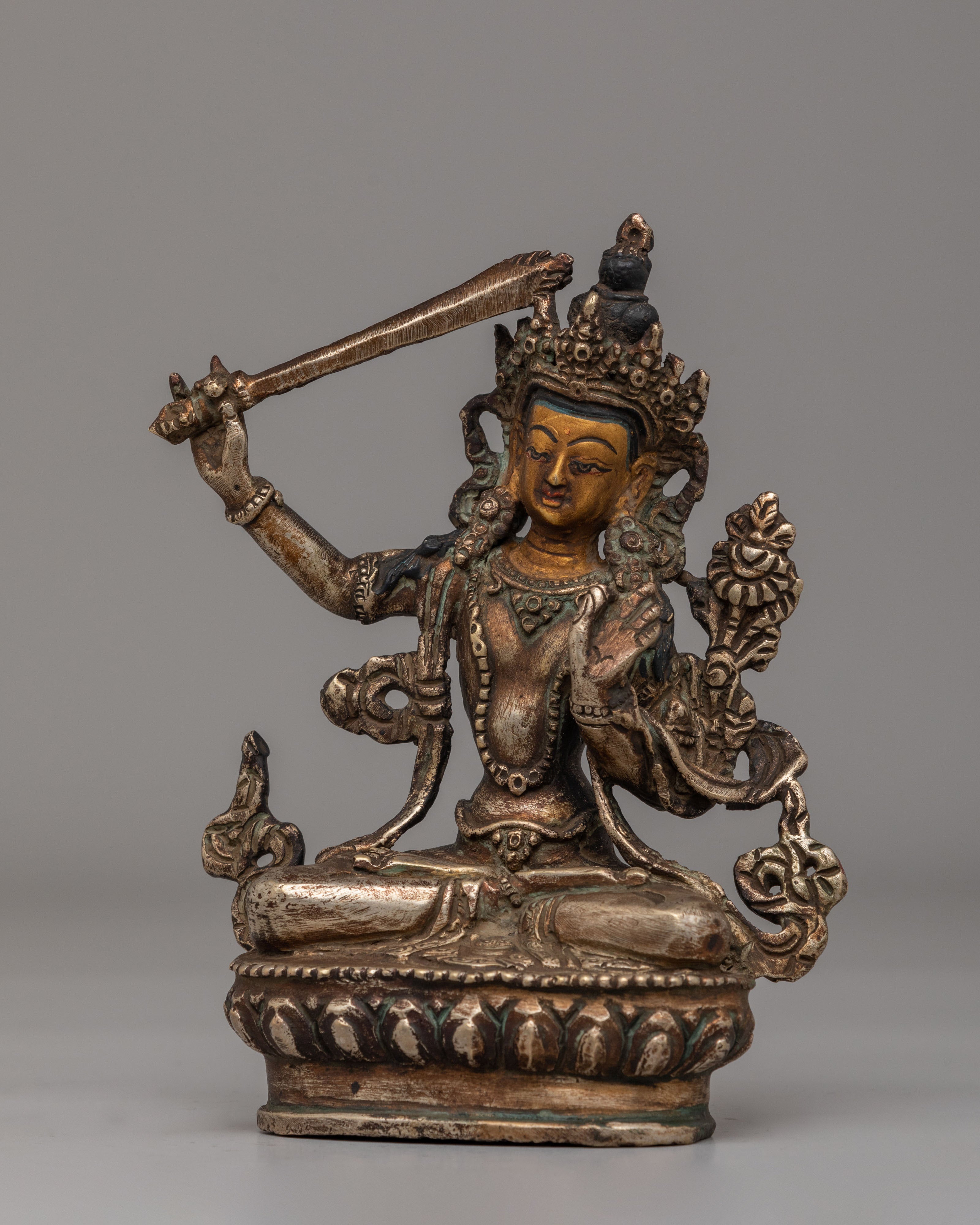 Himalayan Manjushri Statue for Shrine | Oxidized Brass Wisdom Deity
