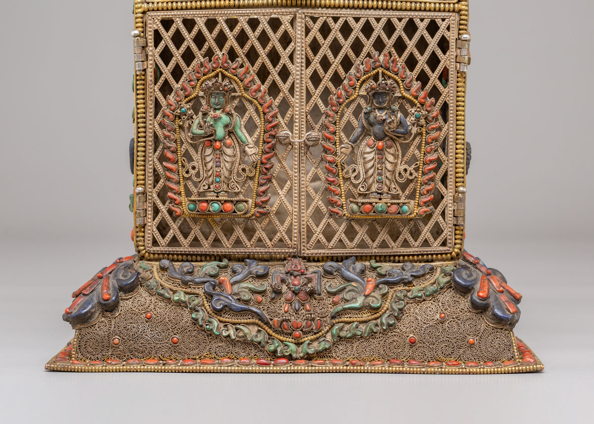 Buddhist Ghau Box with Deity Carvings | Silver Sacred Shrine